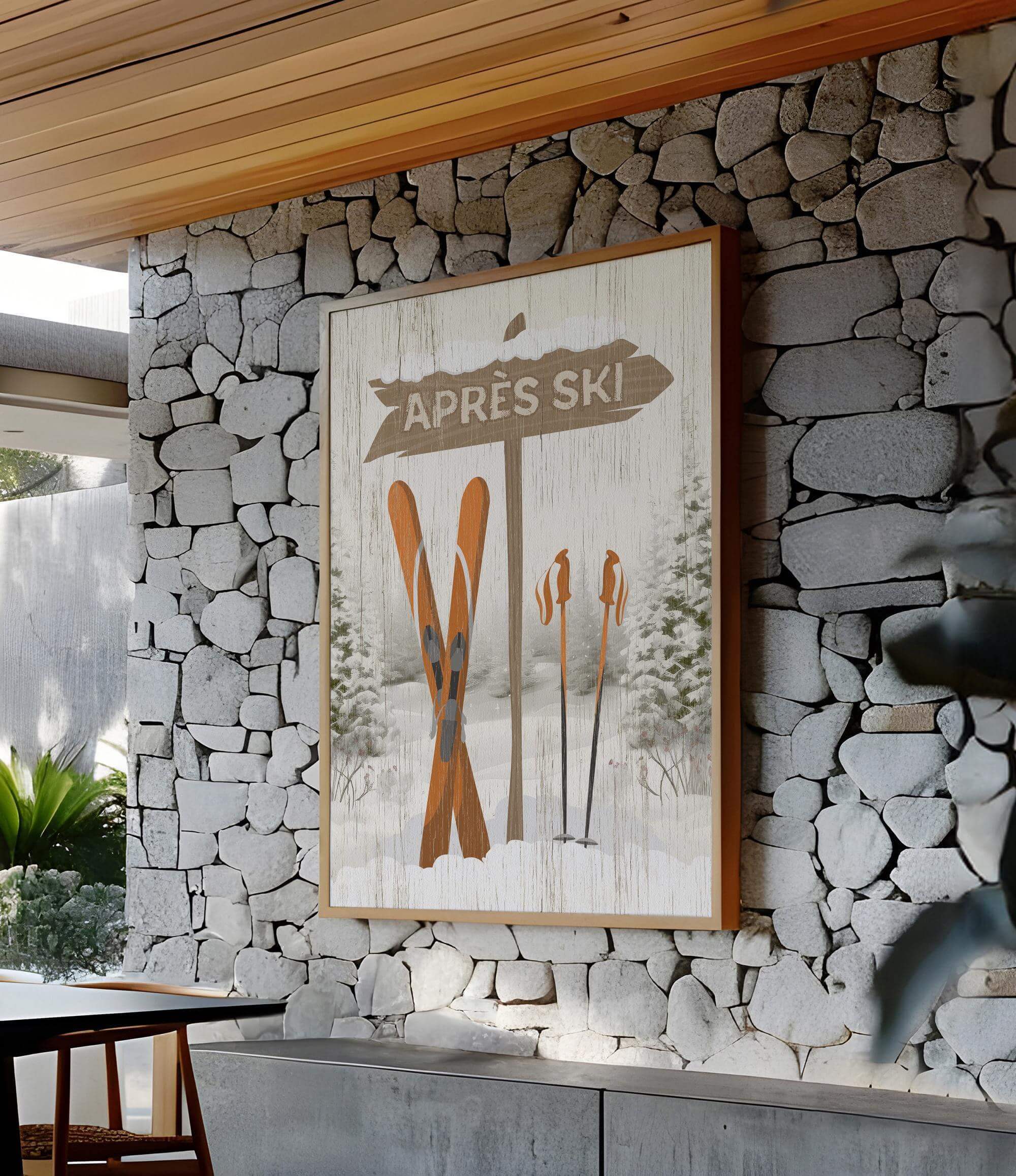 a stone wall with a picture of skis on it
