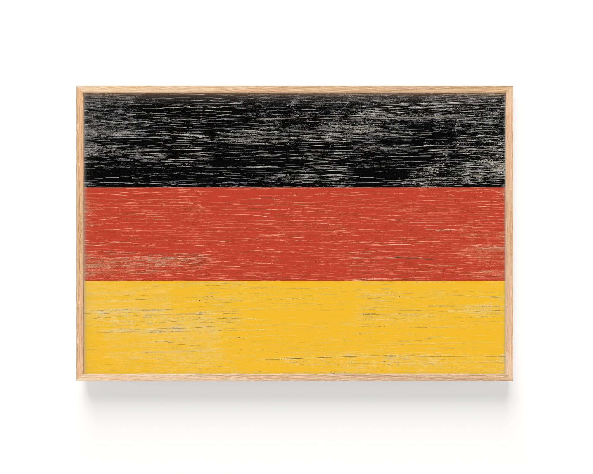Vintage World Flag Poster, Germany—features black, red, and yellow horizontal stripes in a rustic style, perfect for fans of vintage flag art and distressed flag signs.