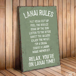 a sign that says lanai rules put your feet up feel the breeze speak up