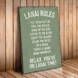 a sign that says lanai rules put your feet up feel the breeze speak up