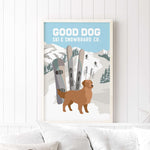 a poster of a dog standing in front of skis