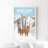 a poster of a dog standing in front of skis