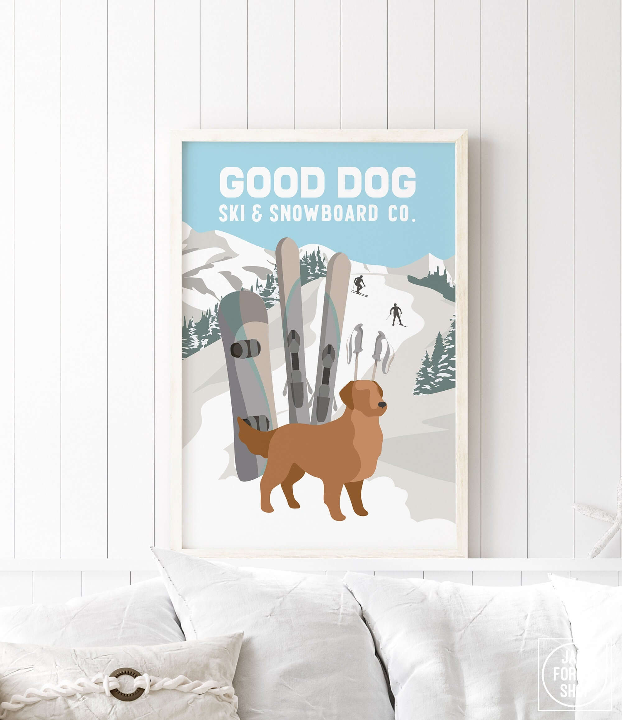 a poster of a dog standing in front of skis