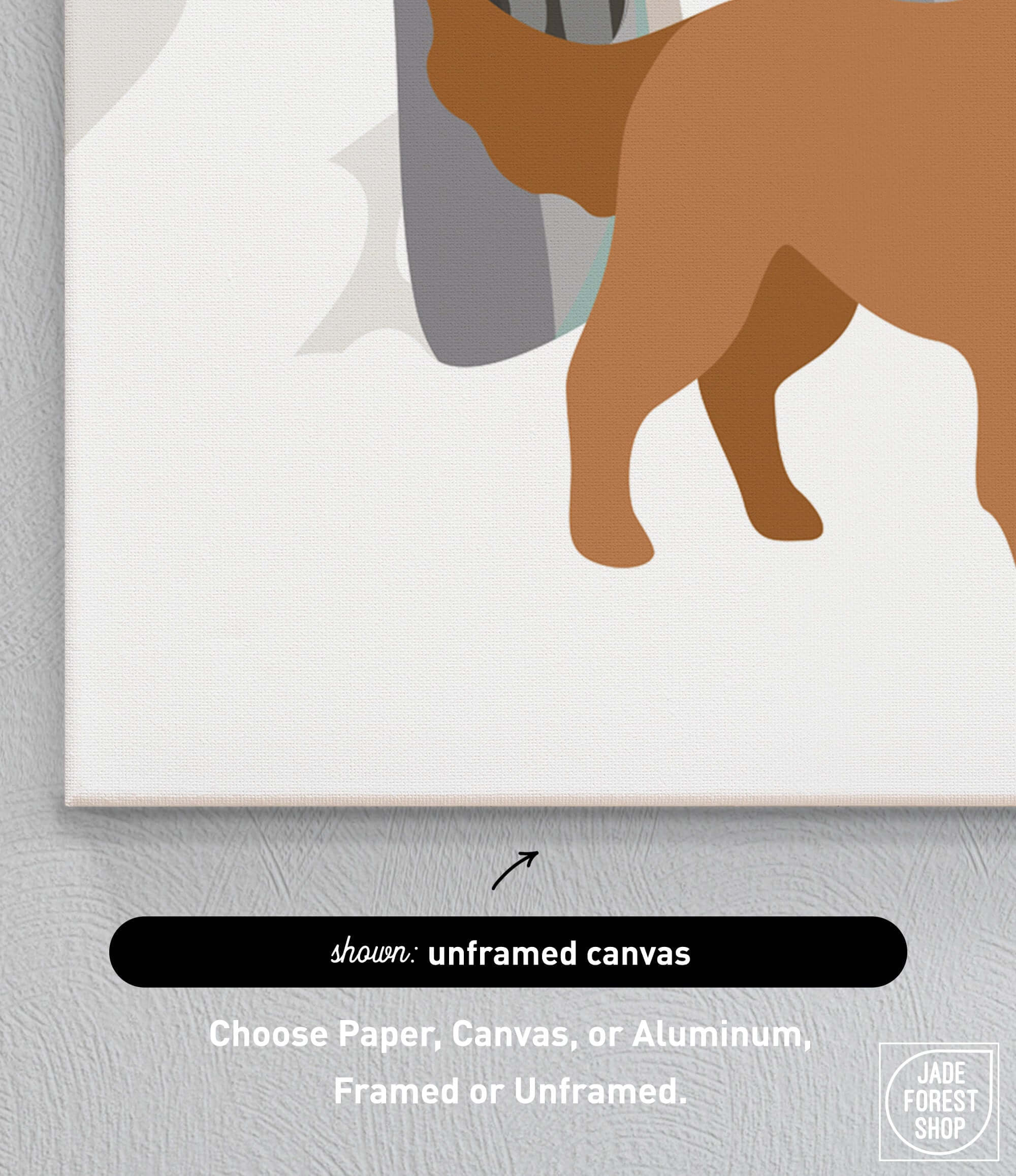 a brown dog standing next to a white wall