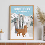 a poster of a dog standing in front of skis