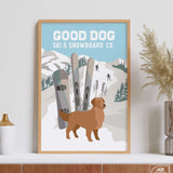 a poster of a dog standing in front of skis