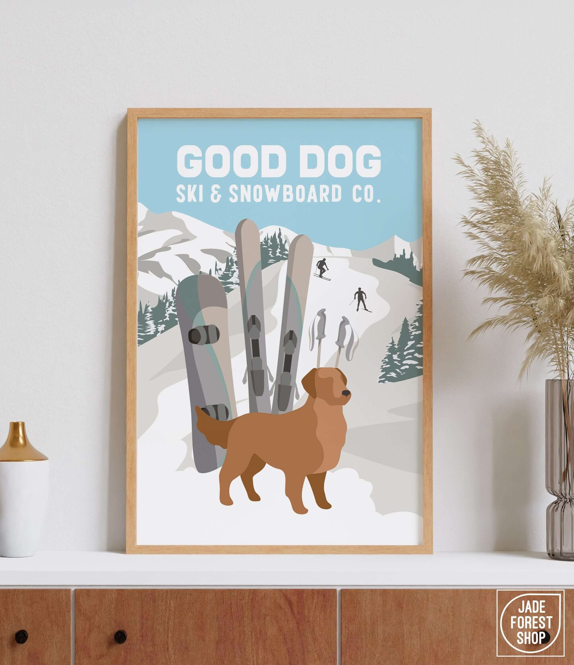 a poster of a dog standing in front of skis