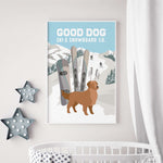 a baby's room with a crib and a poster of a dog