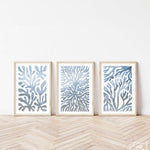 three framed art prints of blue corals against a white wall