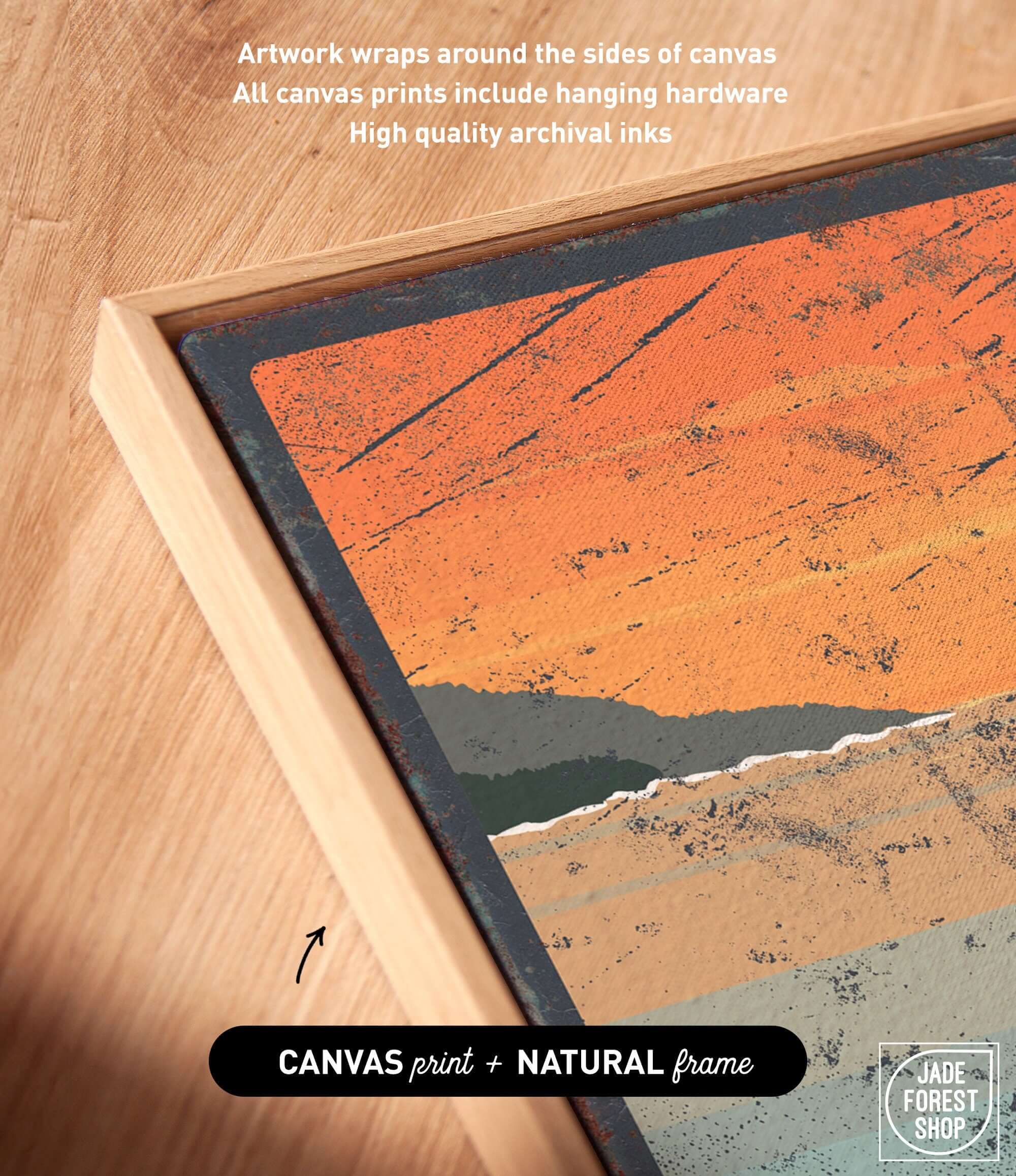 a wooden frame with a picture of a mountain range