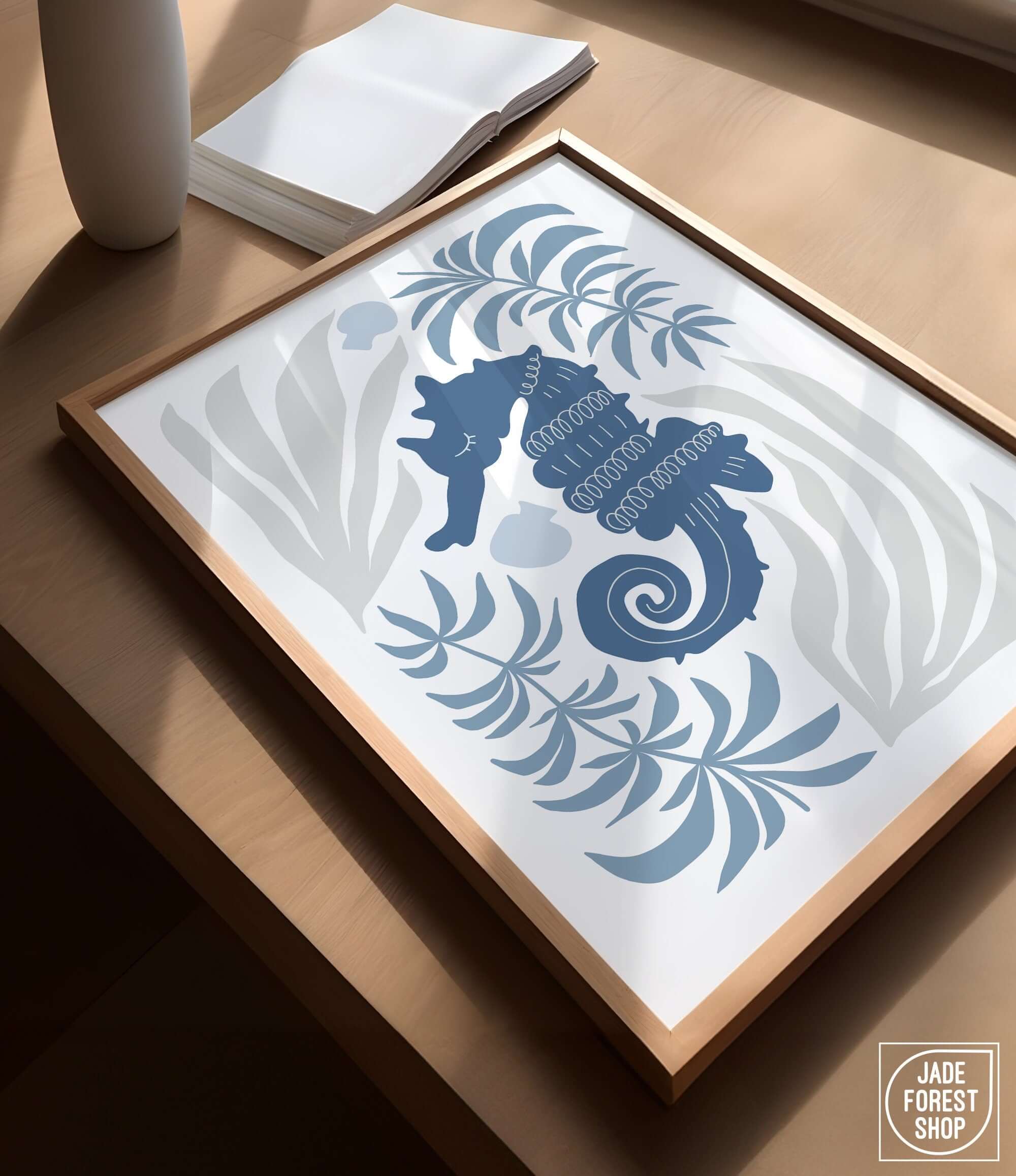 a picture of a sea horse on a table