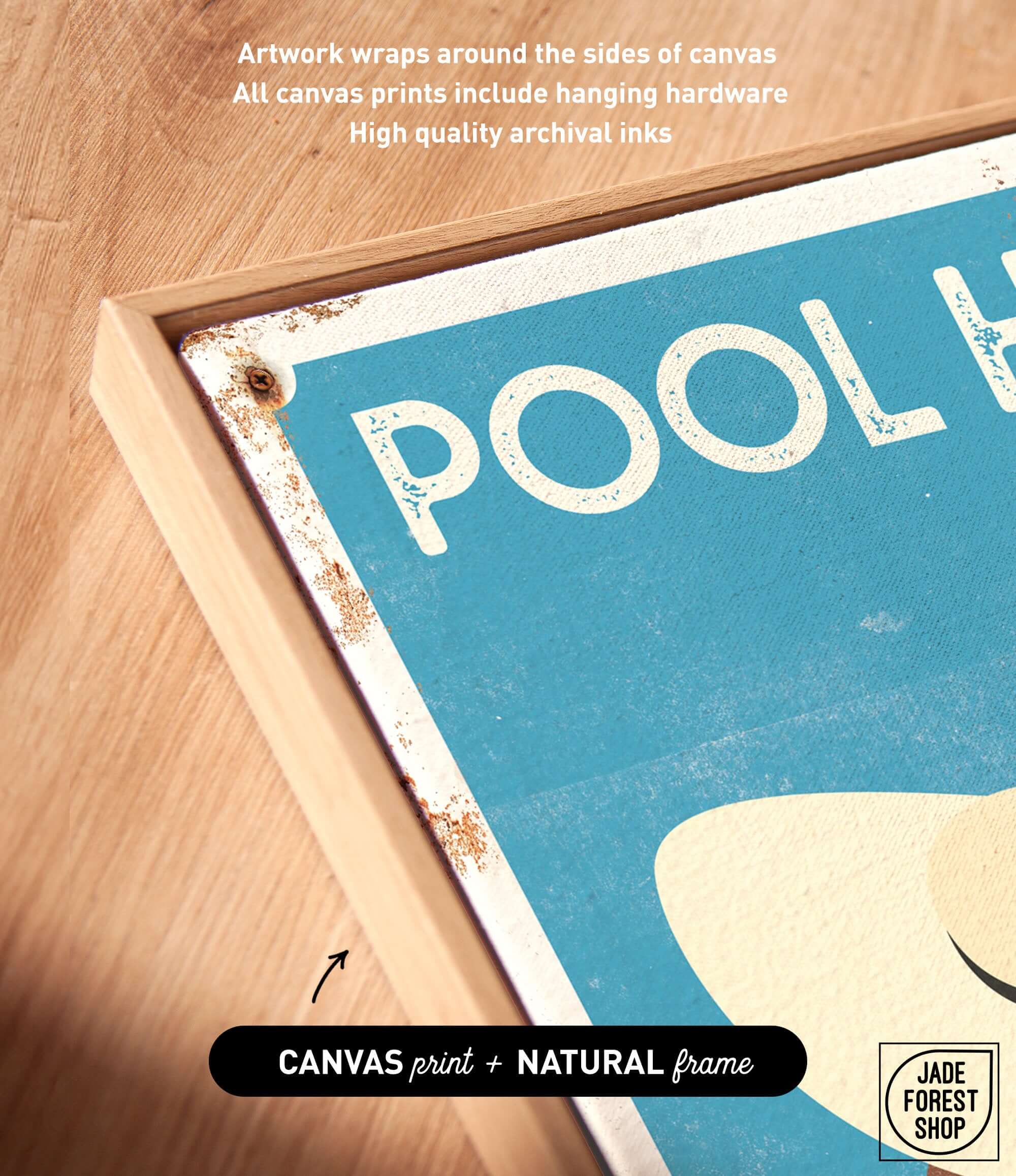 a picture of a pool sign on a wooden table