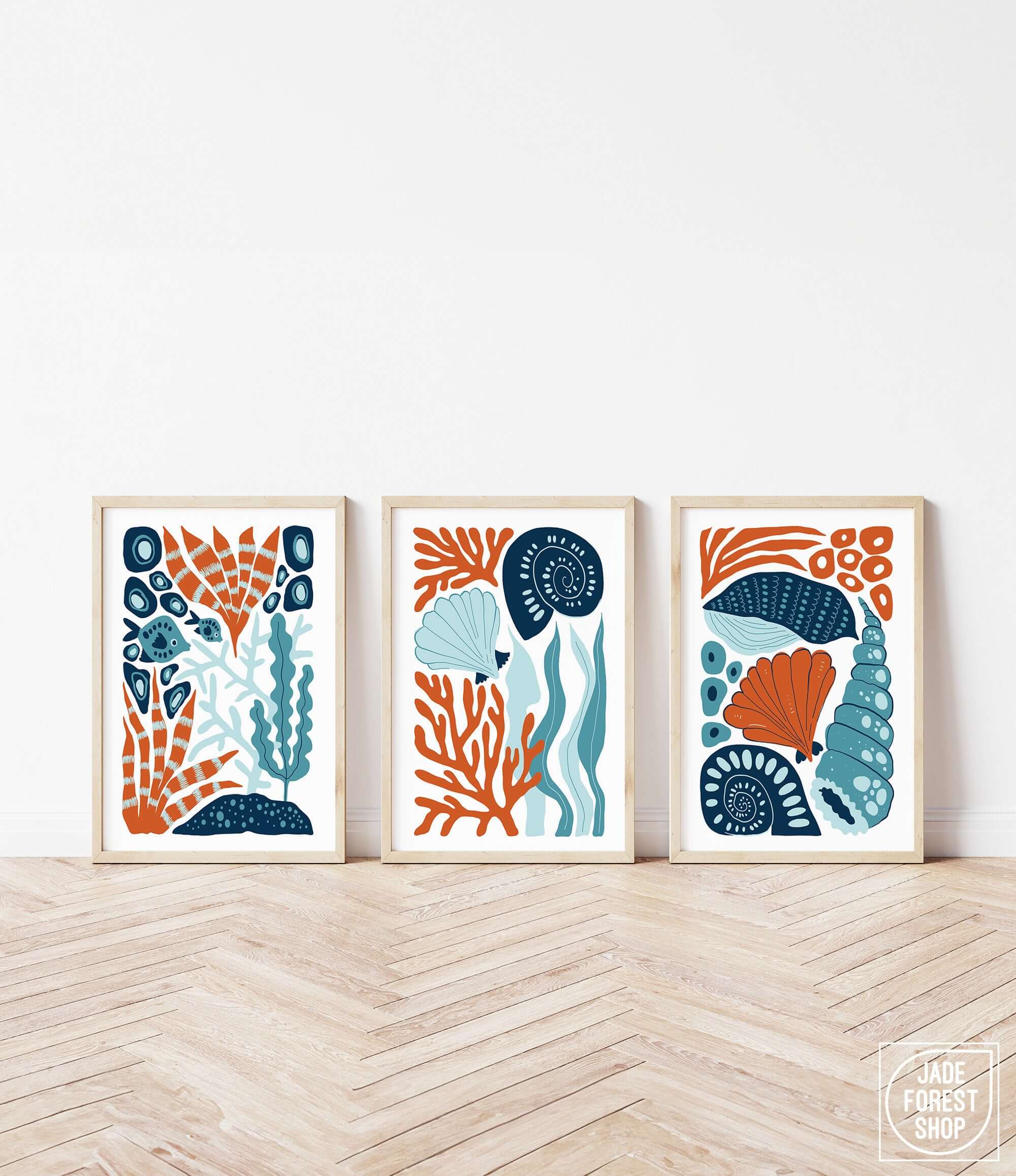 three framed art prints of sea life on a wall