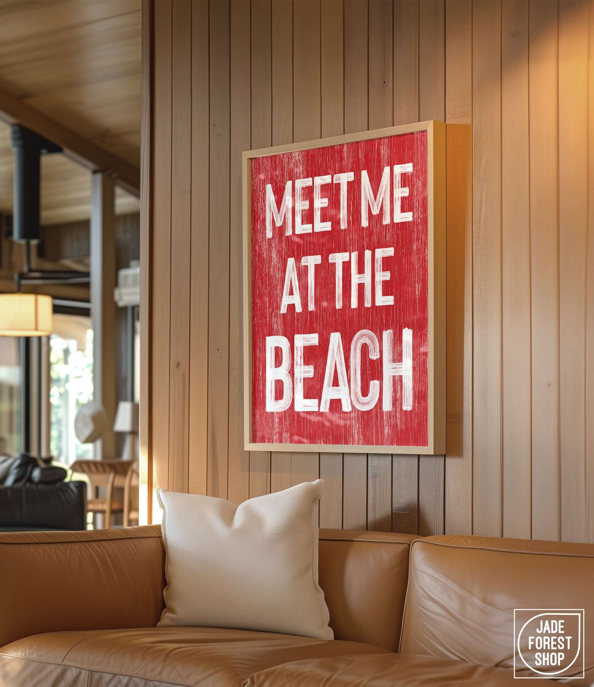 a red sign hanging on the wall of a living room