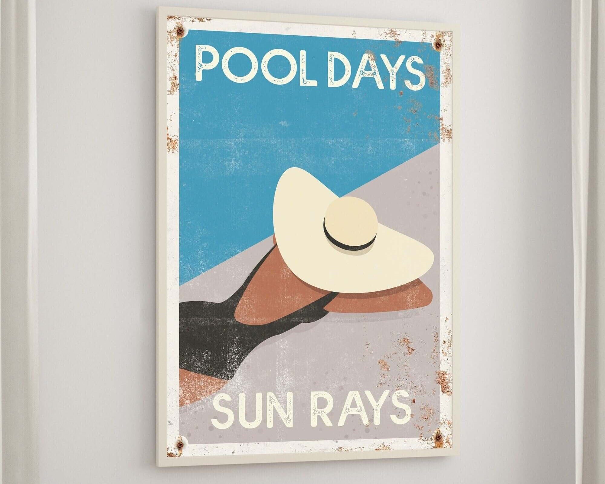 a picture of a pool days poster hanging on a wall