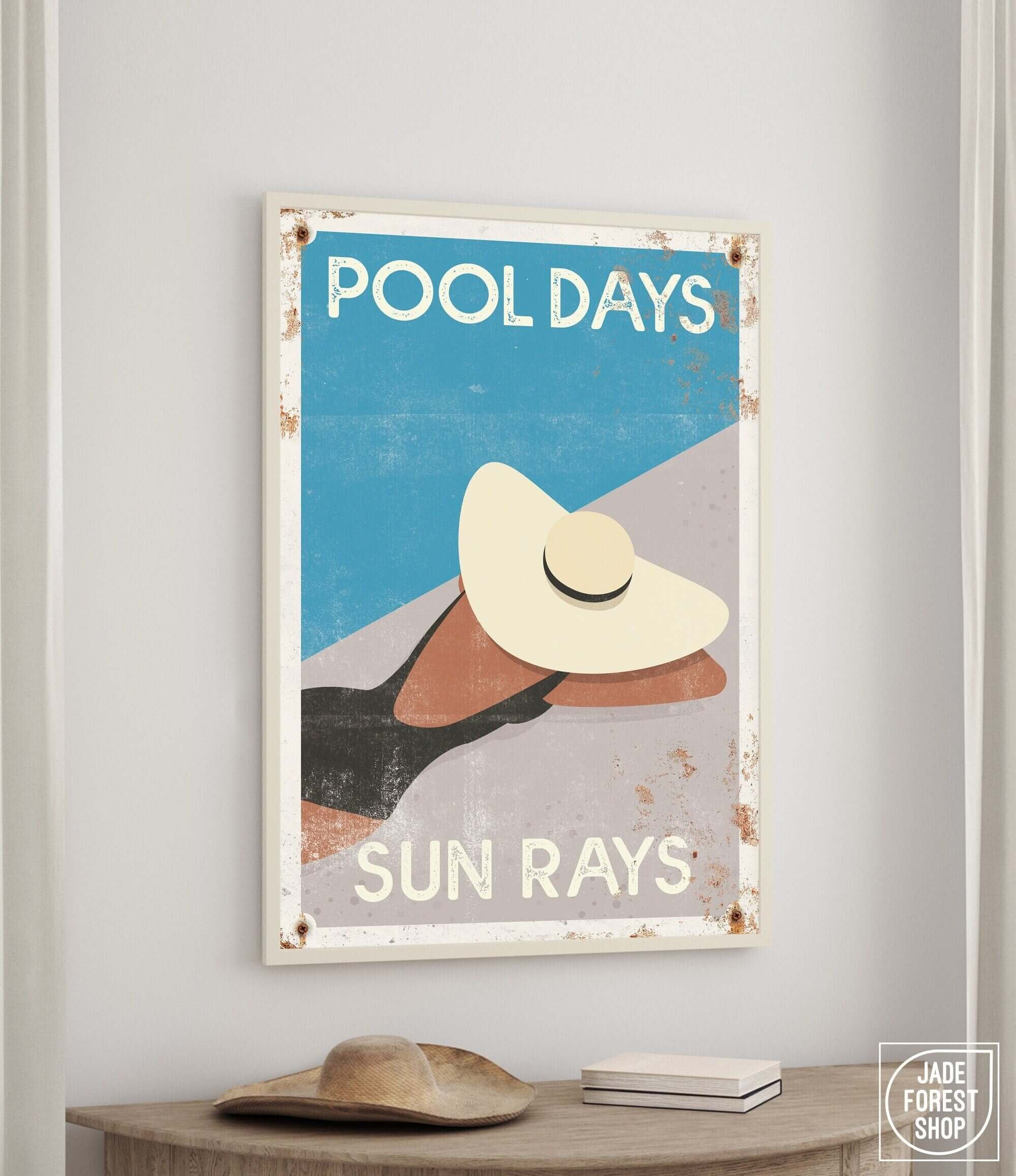 a picture of a pool days poster hanging on a wall