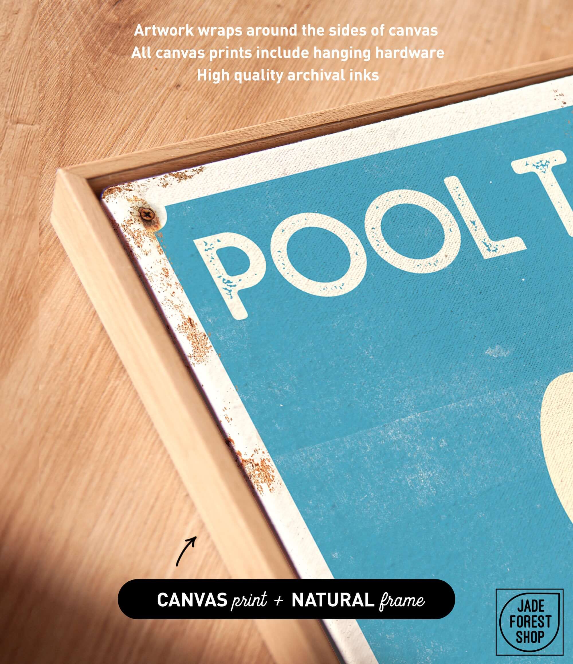 a picture of a pool sign on a wooden table