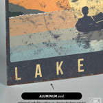 a metal sign that says lake with a man in a boat