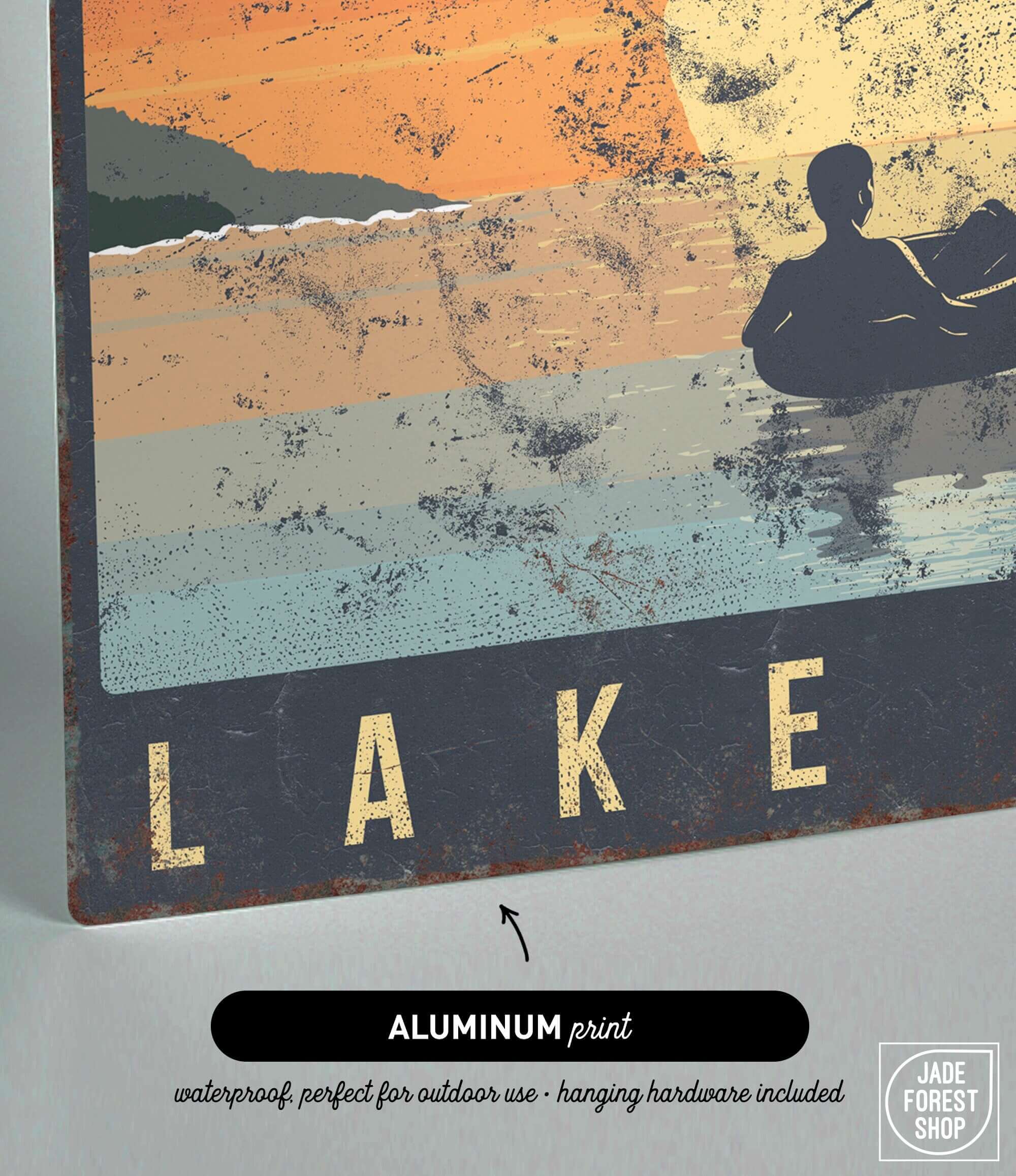 a metal sign that says lake with a man in a boat