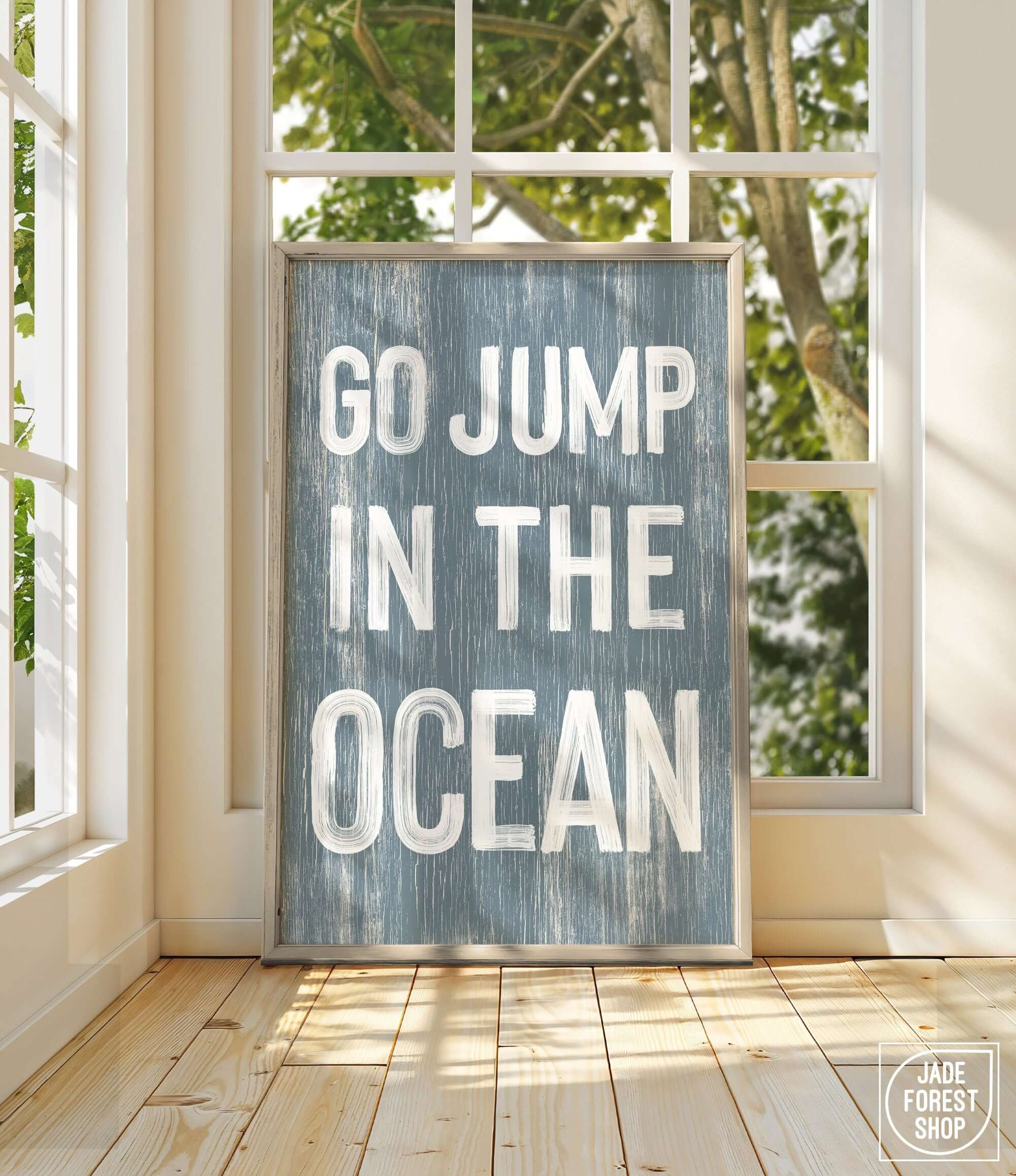 a sign that says go jump in the ocean