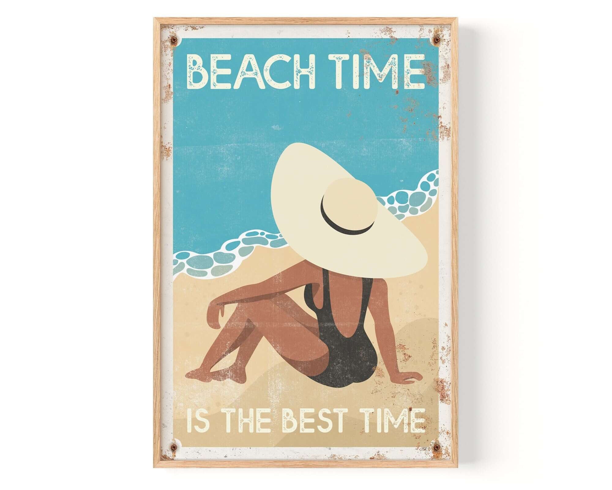 Beach Time is the Best Time, Retro Beach Poster—features a woman in a hat on the beach with text: 'BEACH TIME IS THE BEST TIME.' Ideal as vintage wall decor or a retro sign for any relaxing space.