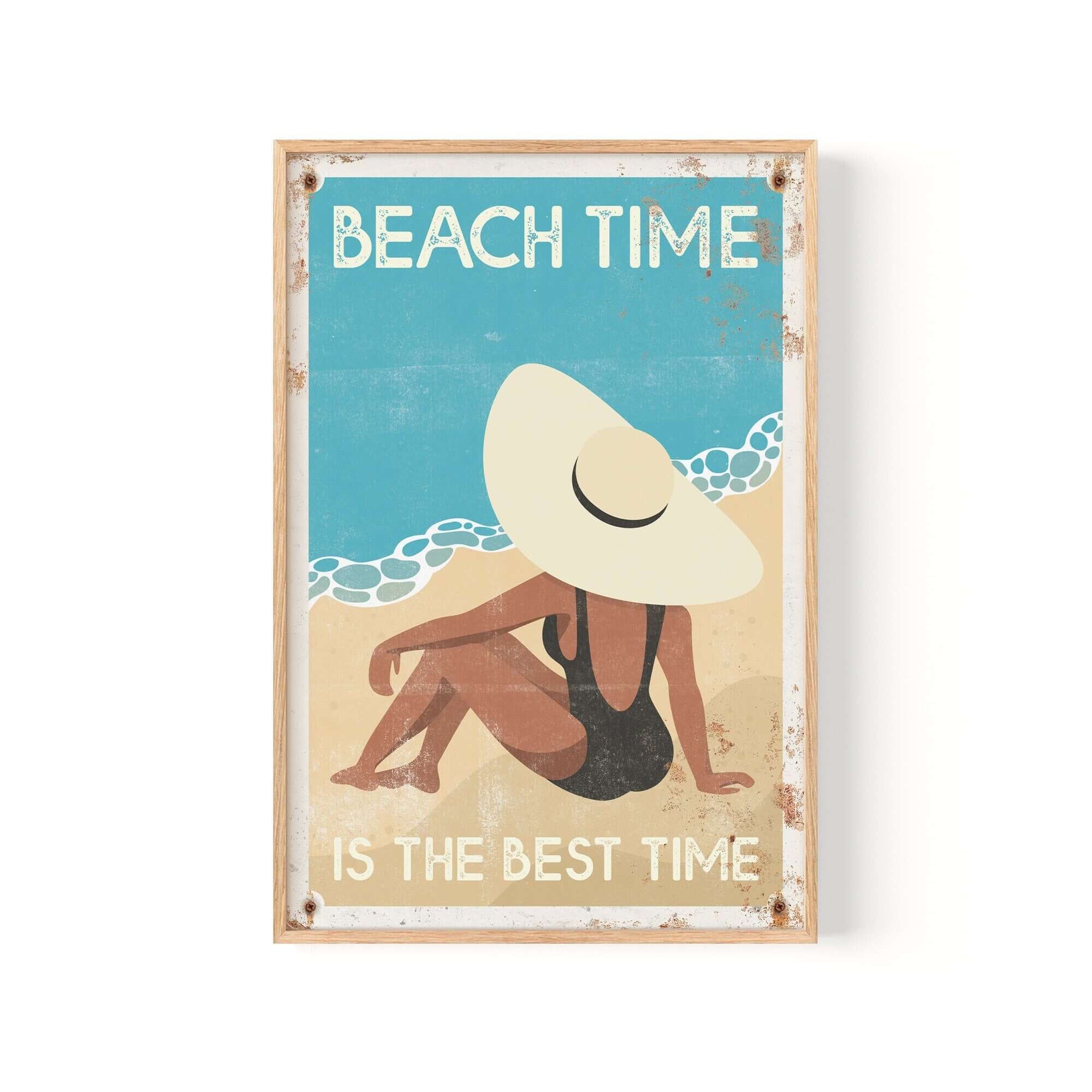 Beach Time is the Best Time, Retro Beach Poster—features a woman in a hat on the beach with text: 'BEACH TIME IS THE BEST TIME.' Ideal as vintage wall decor or a retro sign for any relaxing space.