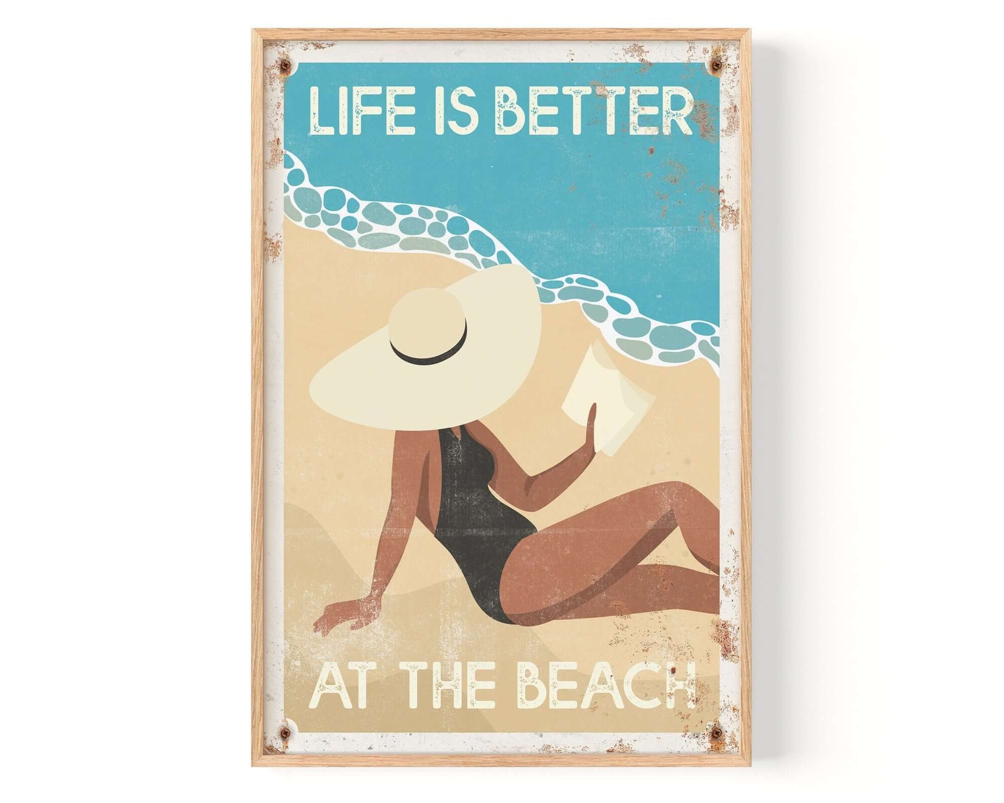 The "Life is Better at the Beach, Retro Beach Poster" features a woman in a hat relaxing on the sand with classic text—ideal vintage wall decor or a nostalgic beach sign for your home.