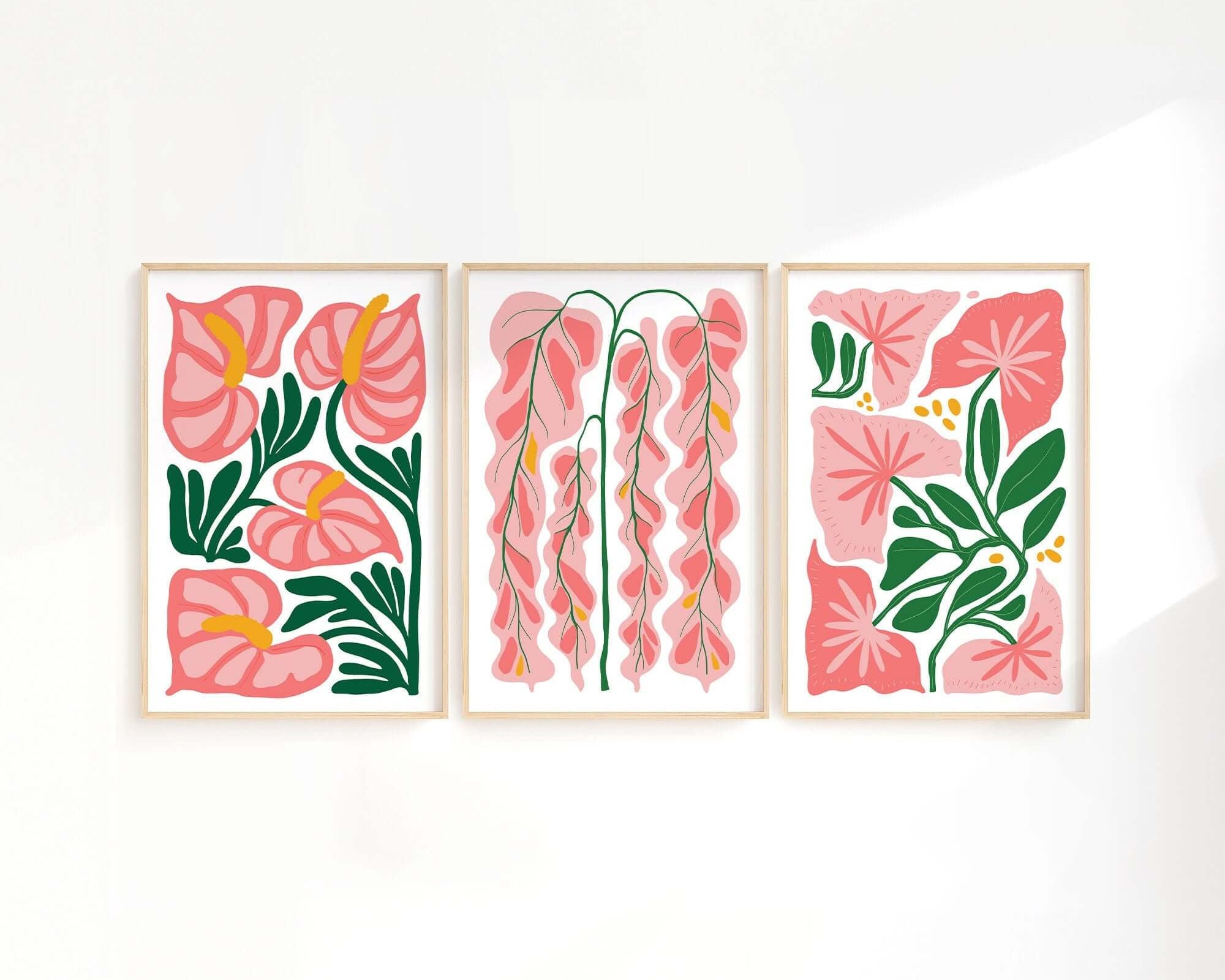 The Tropical Blocks Triptych (Set of Three Prints | 409) offers modern abstract floral wall art in pink, green, and white, perfect for enhancing your home decor.