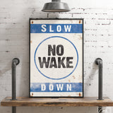 No Wake Sign, Ocean Blue on White