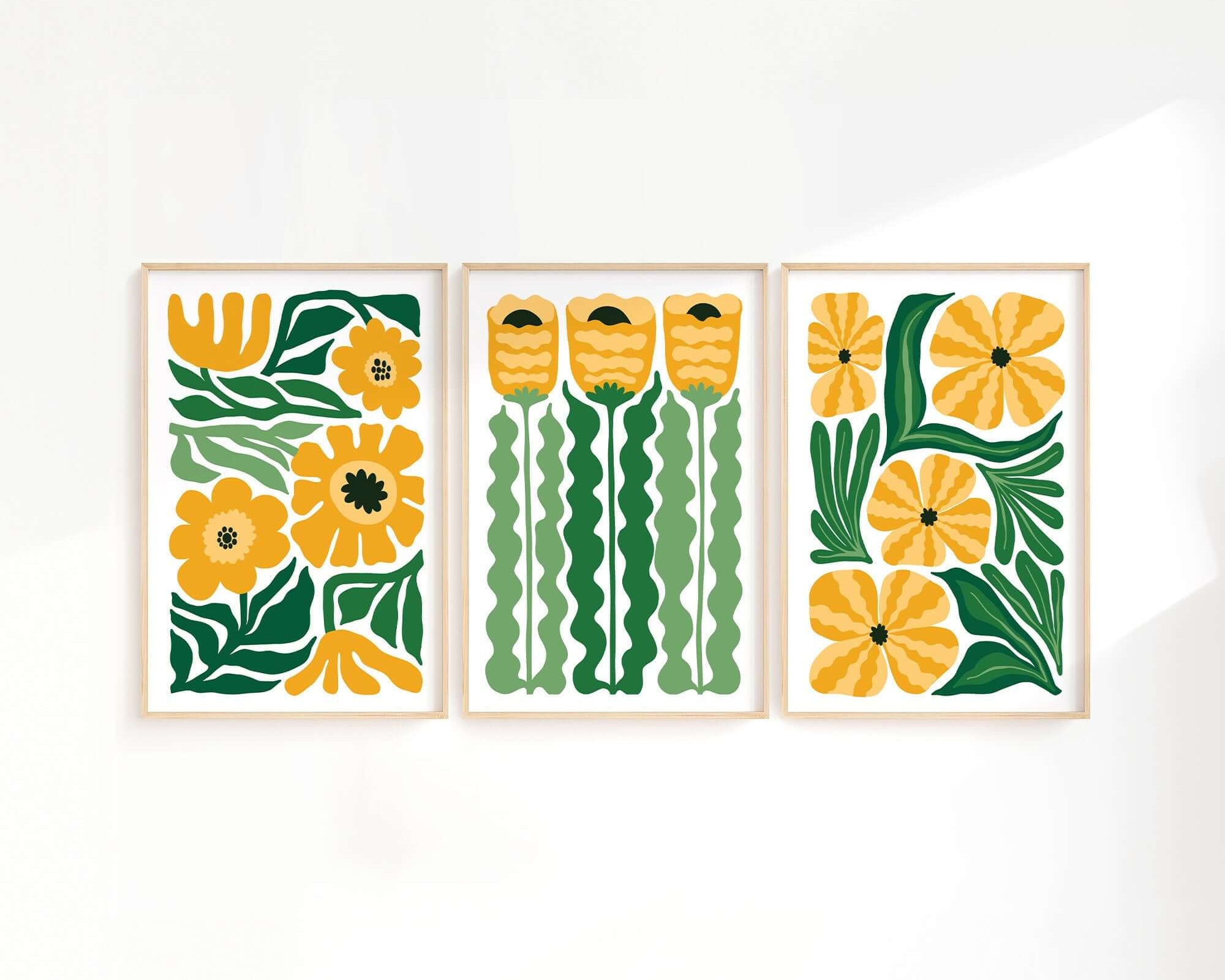 The Tropical Blocks Triptych | Set of Three Prints | 421 features bold, stylized yellow flowers and green leaves, creating striking wall art that enhances any home decor.