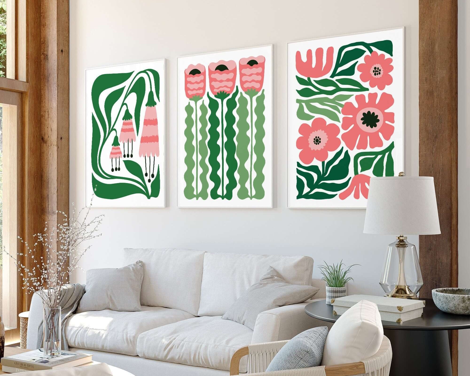 Bright living room with beige sofa and the Tropical Blocks Triptych | Set of Three Prints | 414 above it, perfect for elevating your home decor.