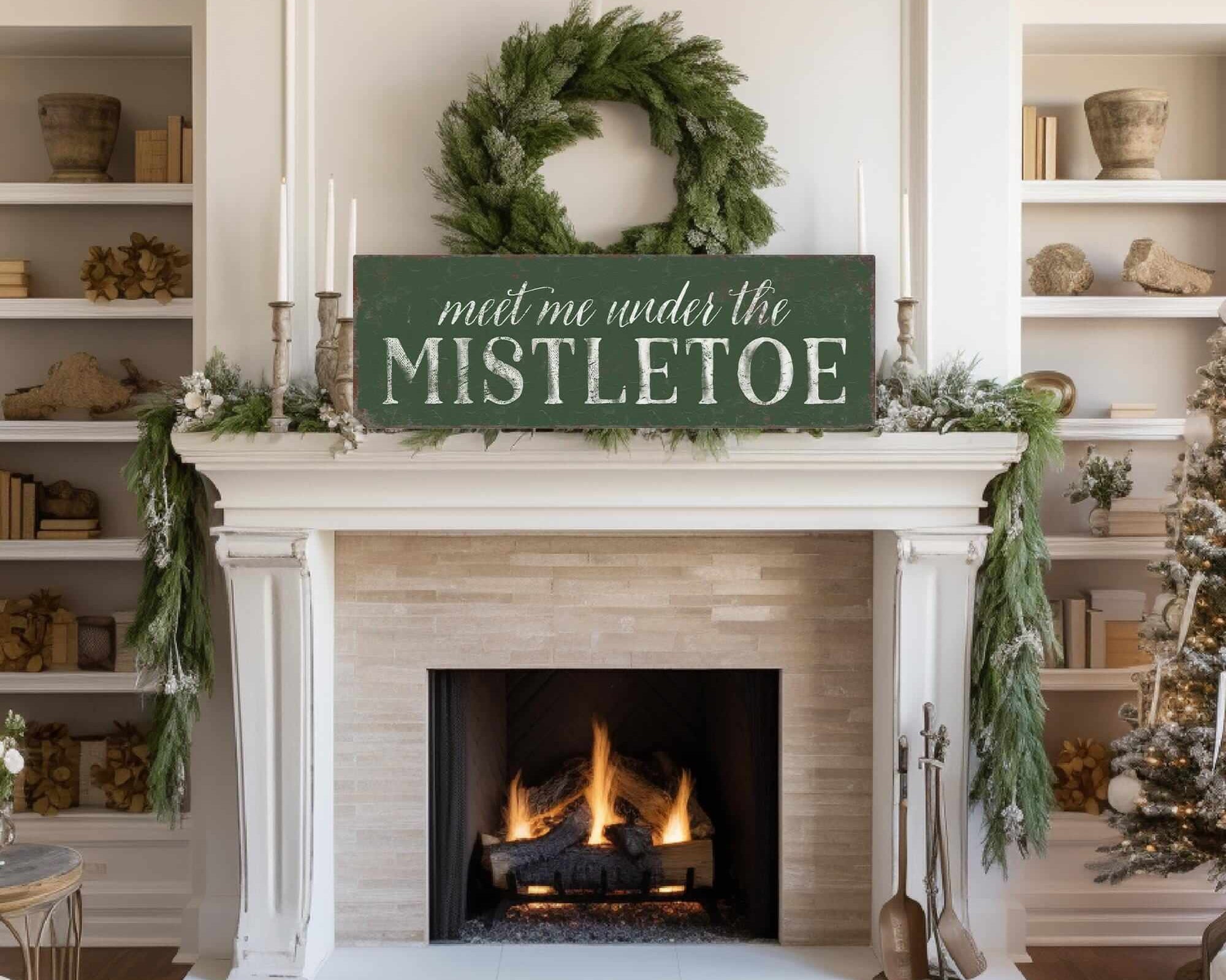 a table with chairs and a sign that says meet me under the mistletoe