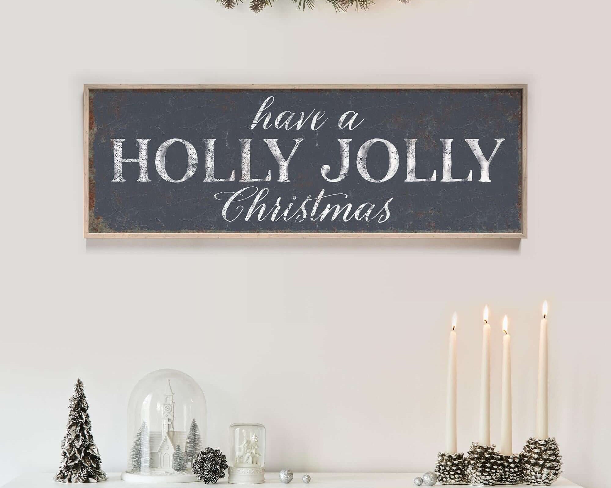 a fireplace mantle with a christmas sign above it