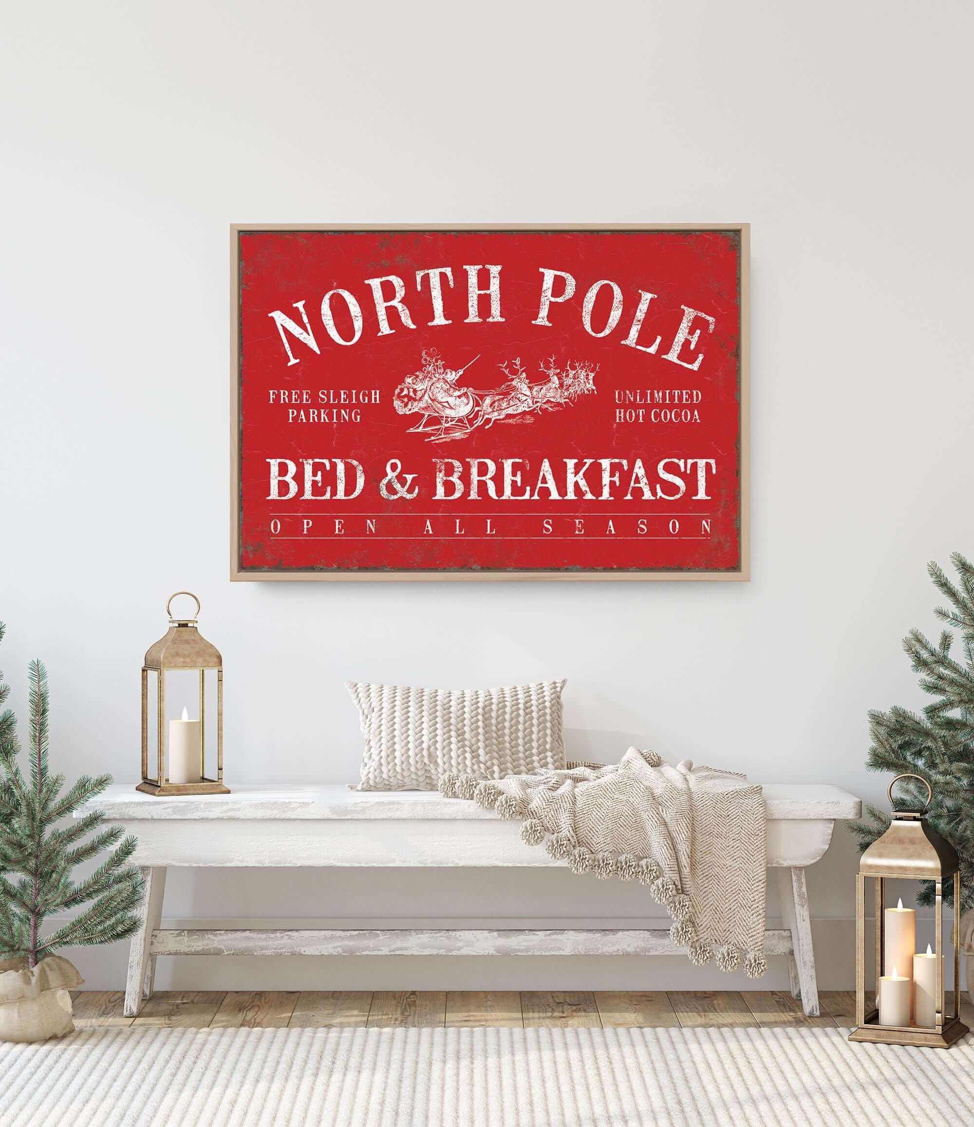 a bed and breakfast sign in a white room