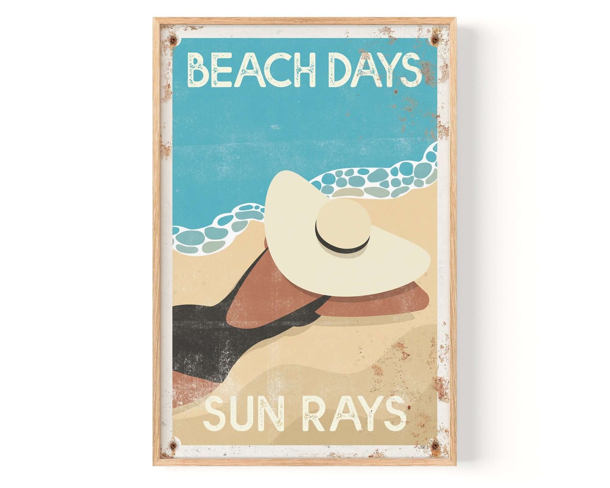 Add vintage charm to any space with the "Beach Days Sun Rays, Retro Beach Poster"—a framed poster featuring a beach scene, sun hat, and retro-style text for classic beach sign vibes.