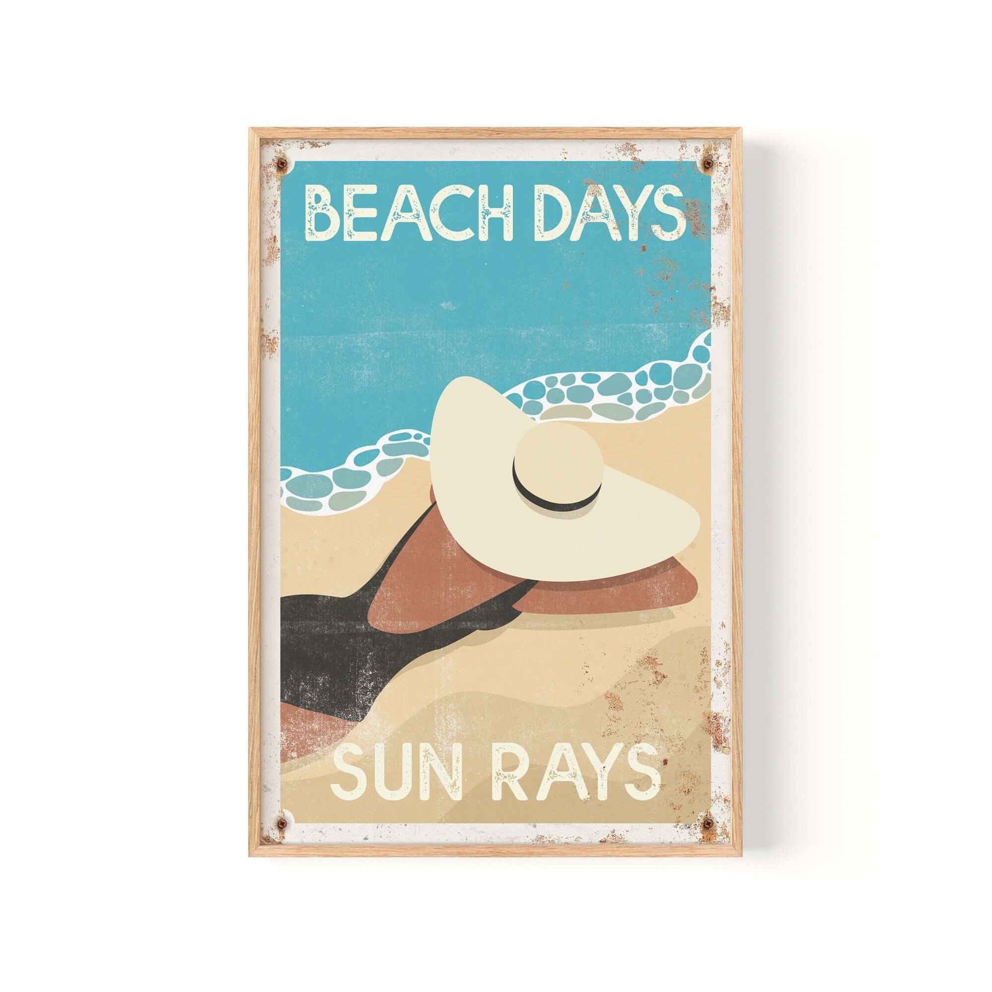 Add vintage charm to any space with the "Beach Days Sun Rays, Retro Beach Poster"—a framed poster featuring a beach scene, sun hat, and retro-style text for classic beach sign vibes.