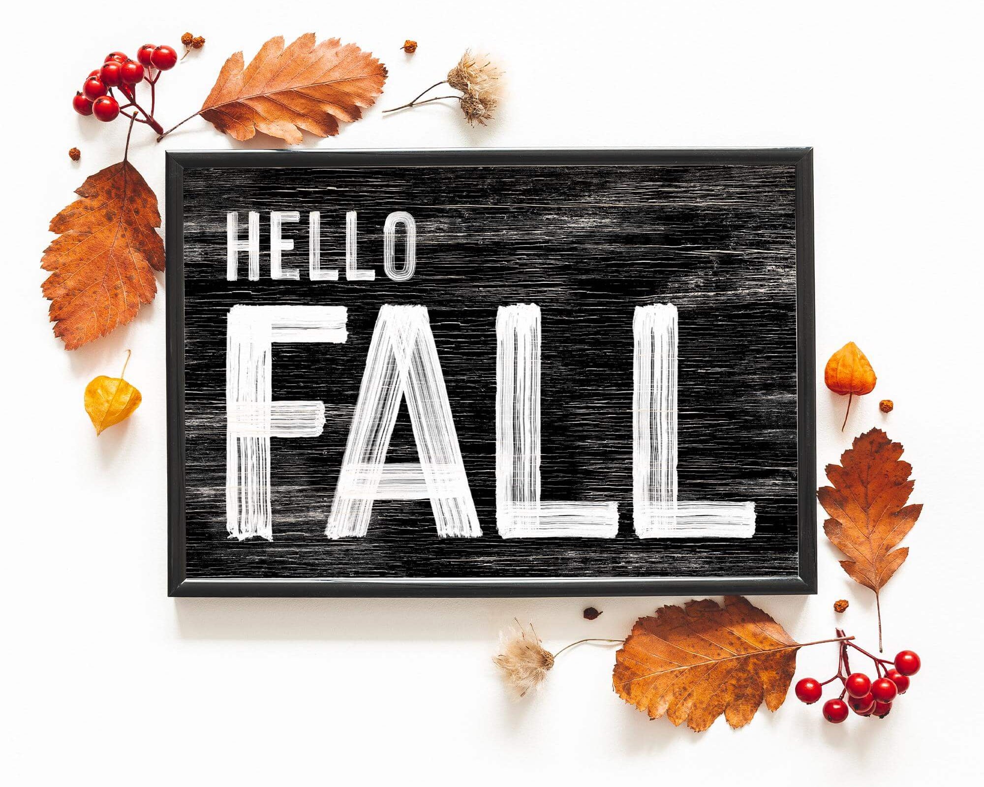 a sign that says hello fall with leaves around it