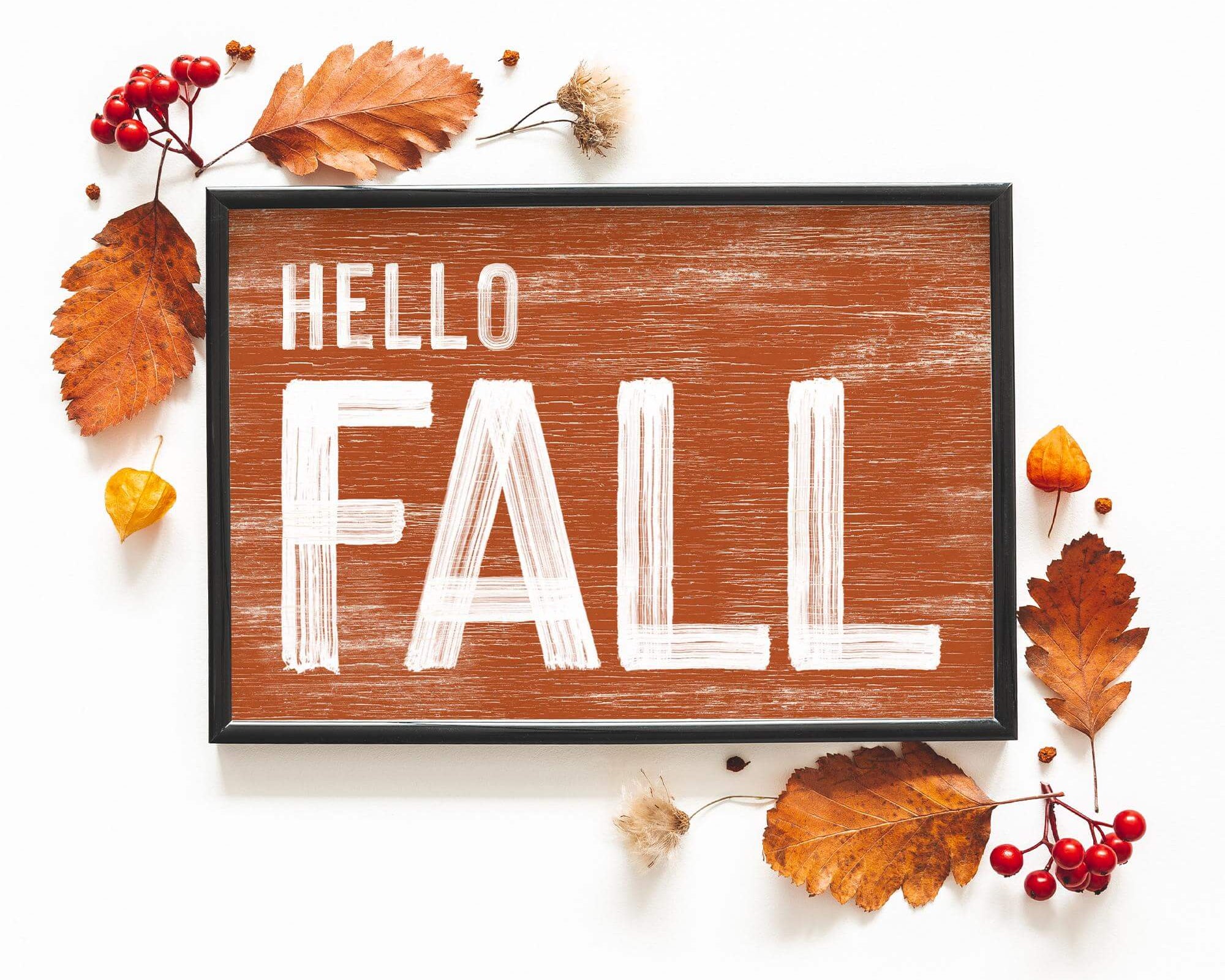 a wooden sign that says hello fall surrounded by autumn leaves
