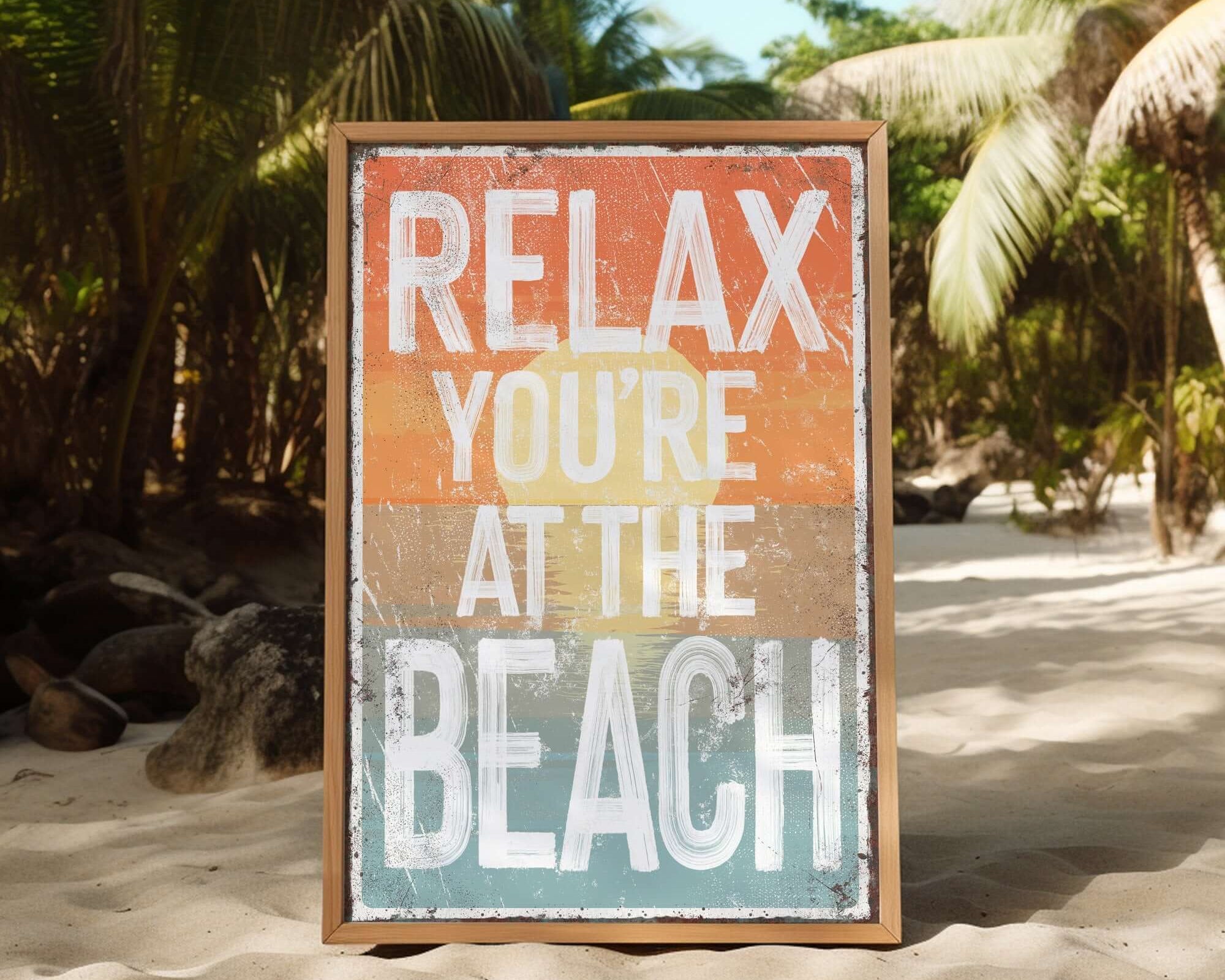 Bring beach vibes to your home with the "Relax You're at the Beach Sign, Sunset"—a retro sign with vintage lettering and palm tree design, perfect for wall decor and daily inspiration.