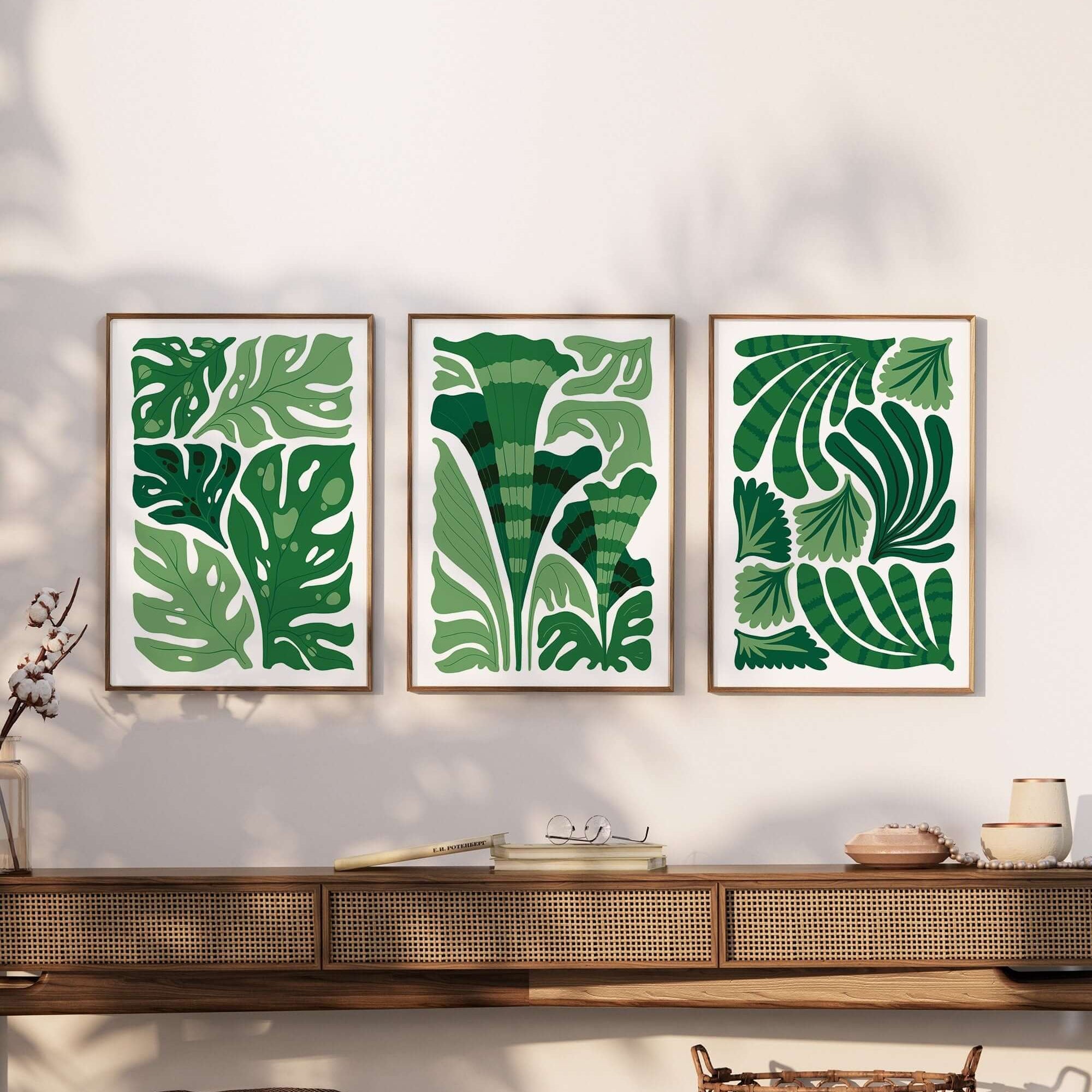 The Tropical Blocks Triptych | Set of Three Prints | 401 features elegant green botanical art above a wooden console, adding charm and stylish decor to any sunlit space.