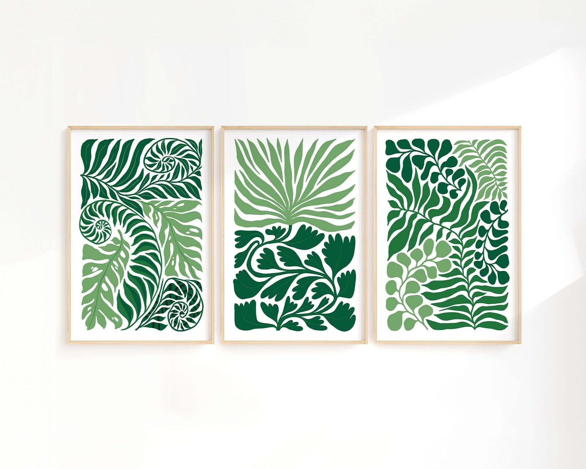 The Tropical Blocks Triptych | Set of Three Prints | 402 features abstract green botanical leaf designs, creating a stunning modern wall art collection for your home decor.