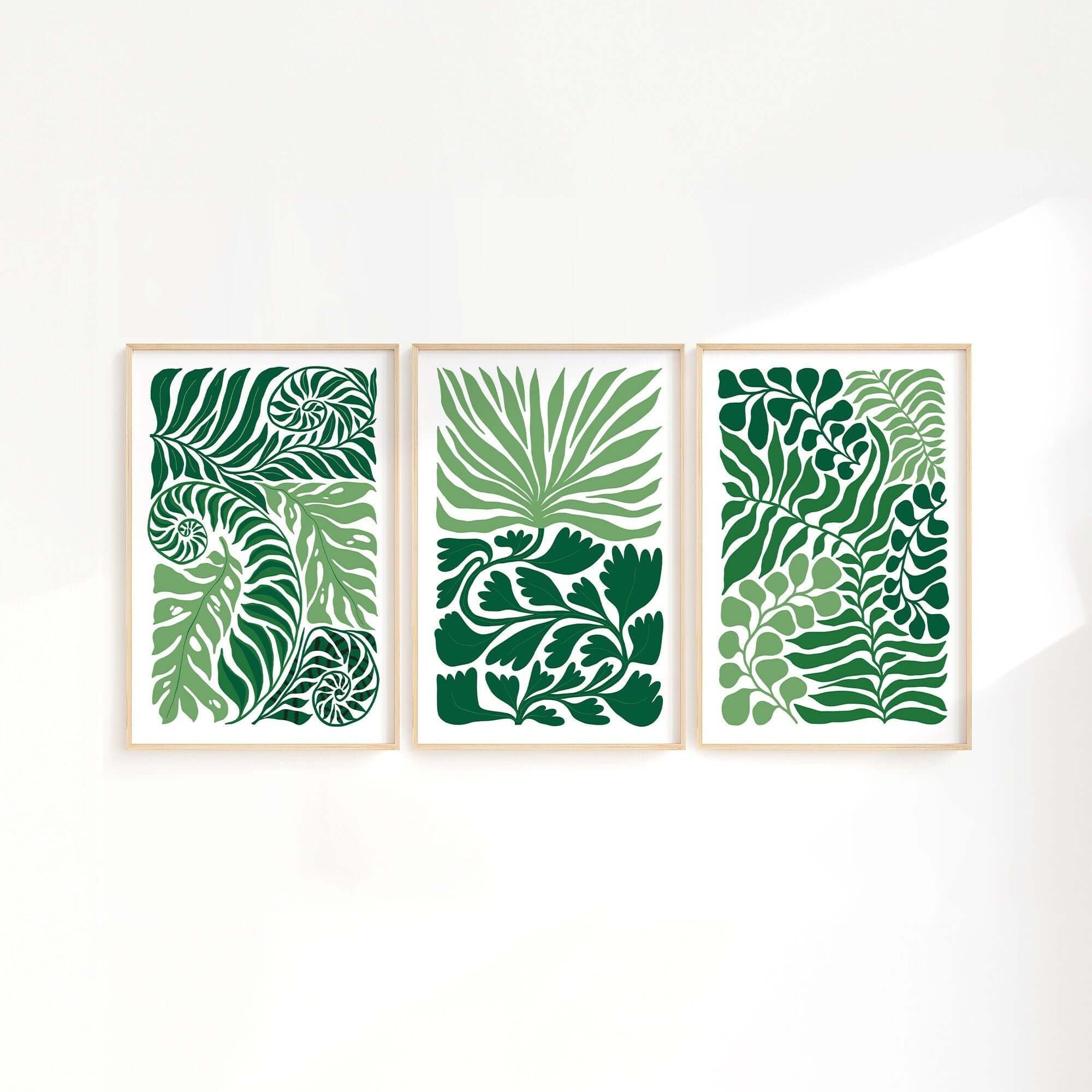 The Tropical Blocks Triptych | Set of Three Prints | 402 features abstract green botanical leaf designs, creating a stunning modern wall art collection for your home decor.