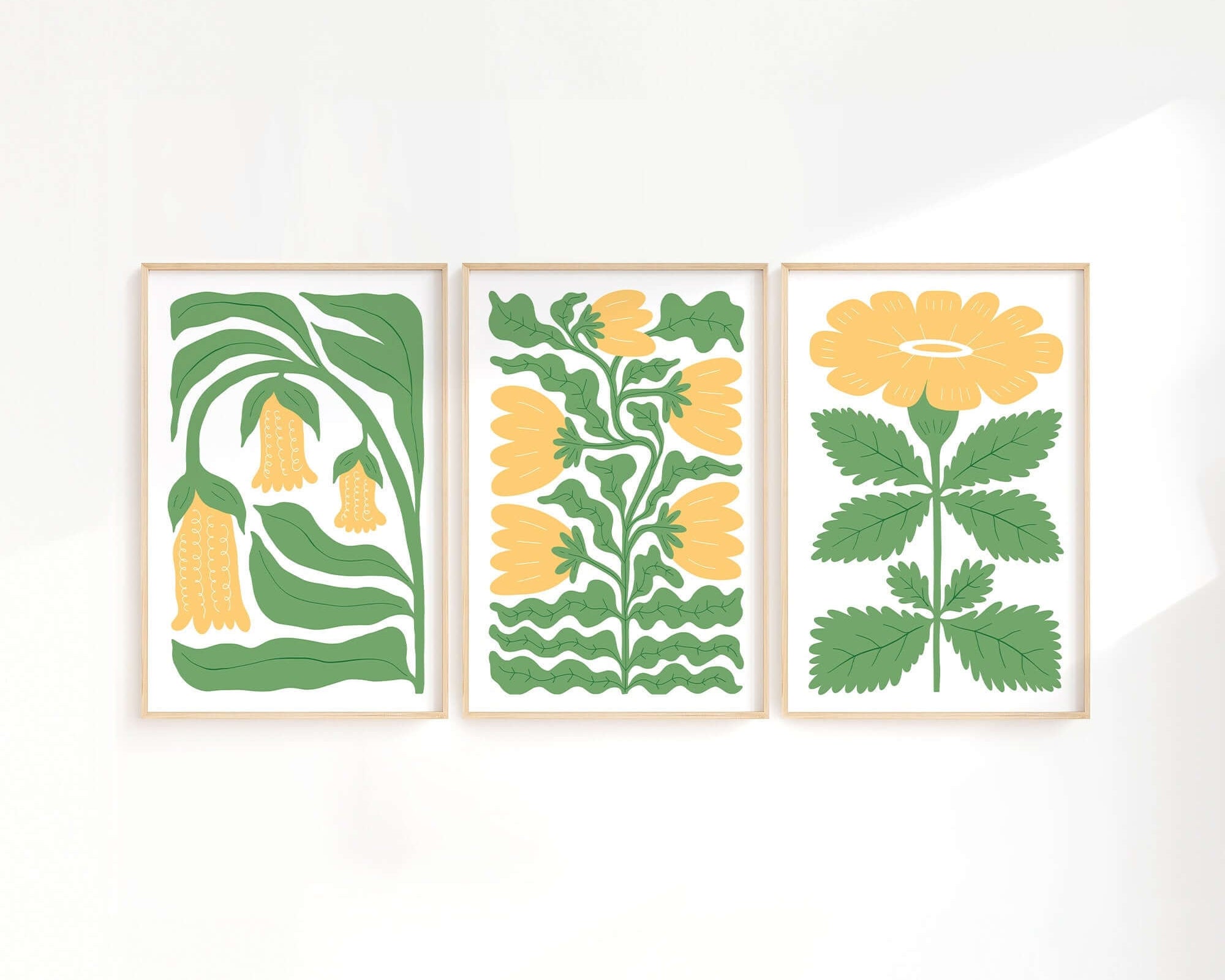 The Tropical Blocks Triptych | Set of Three Prints | 423 features stylized yellow flowers with green leaves—modern wall art perfect for brightening any white space.