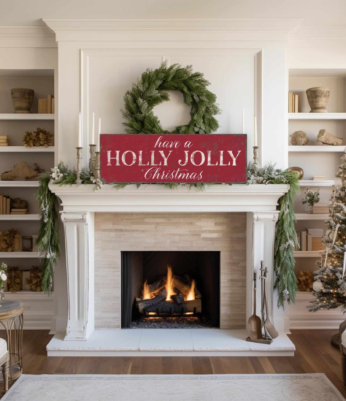 a fireplace with a christmas sign on top of it
