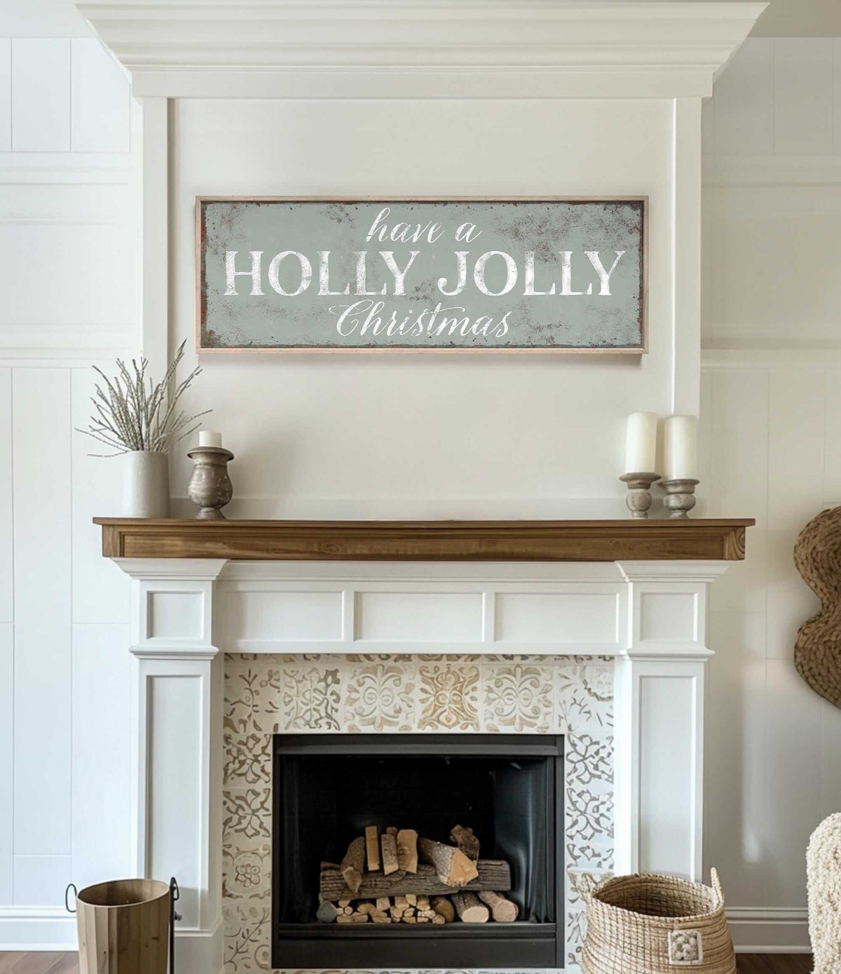 a fireplace with a sign above it that says have a holly christmas