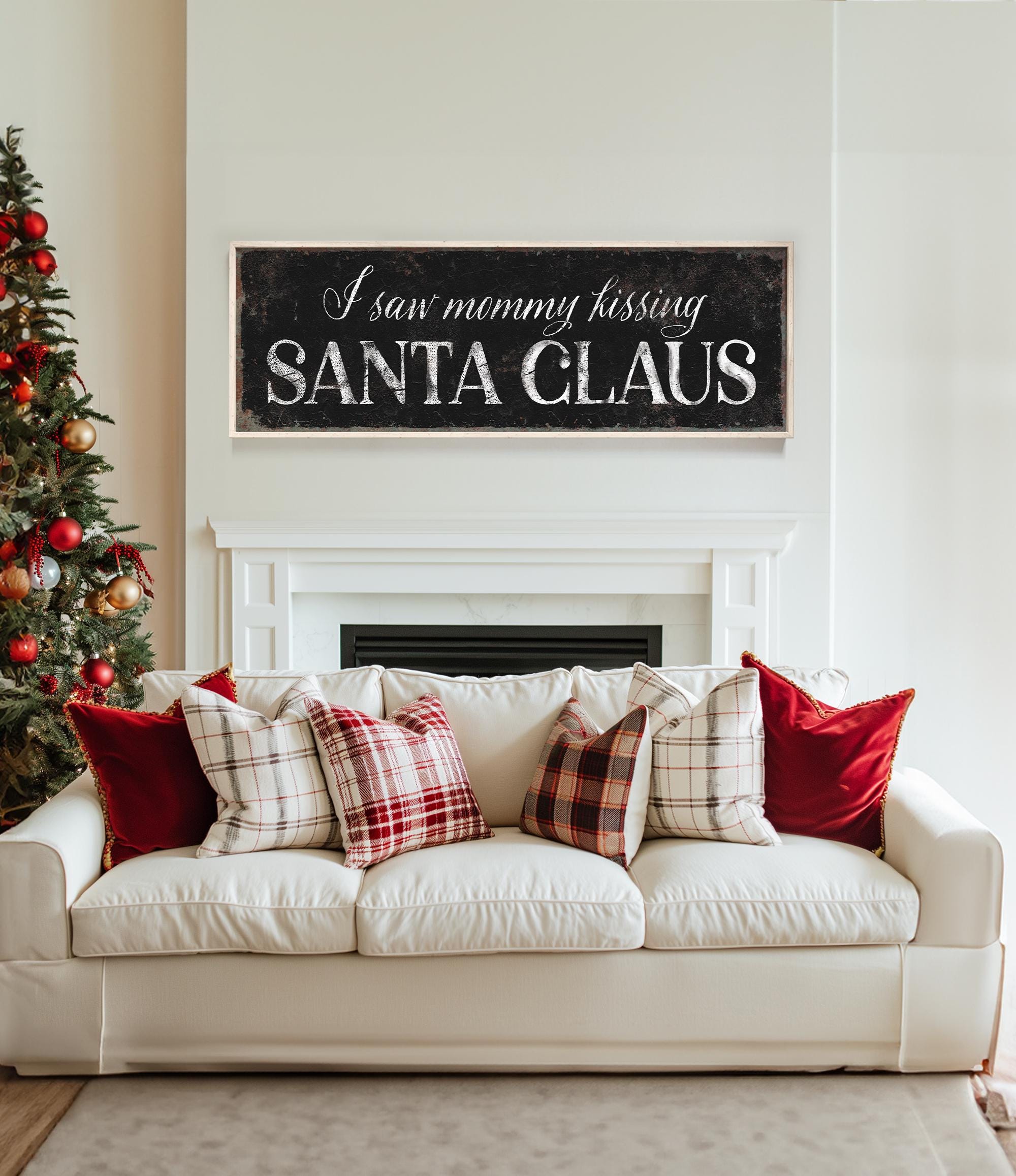 a living room with a couch and a christmas tree