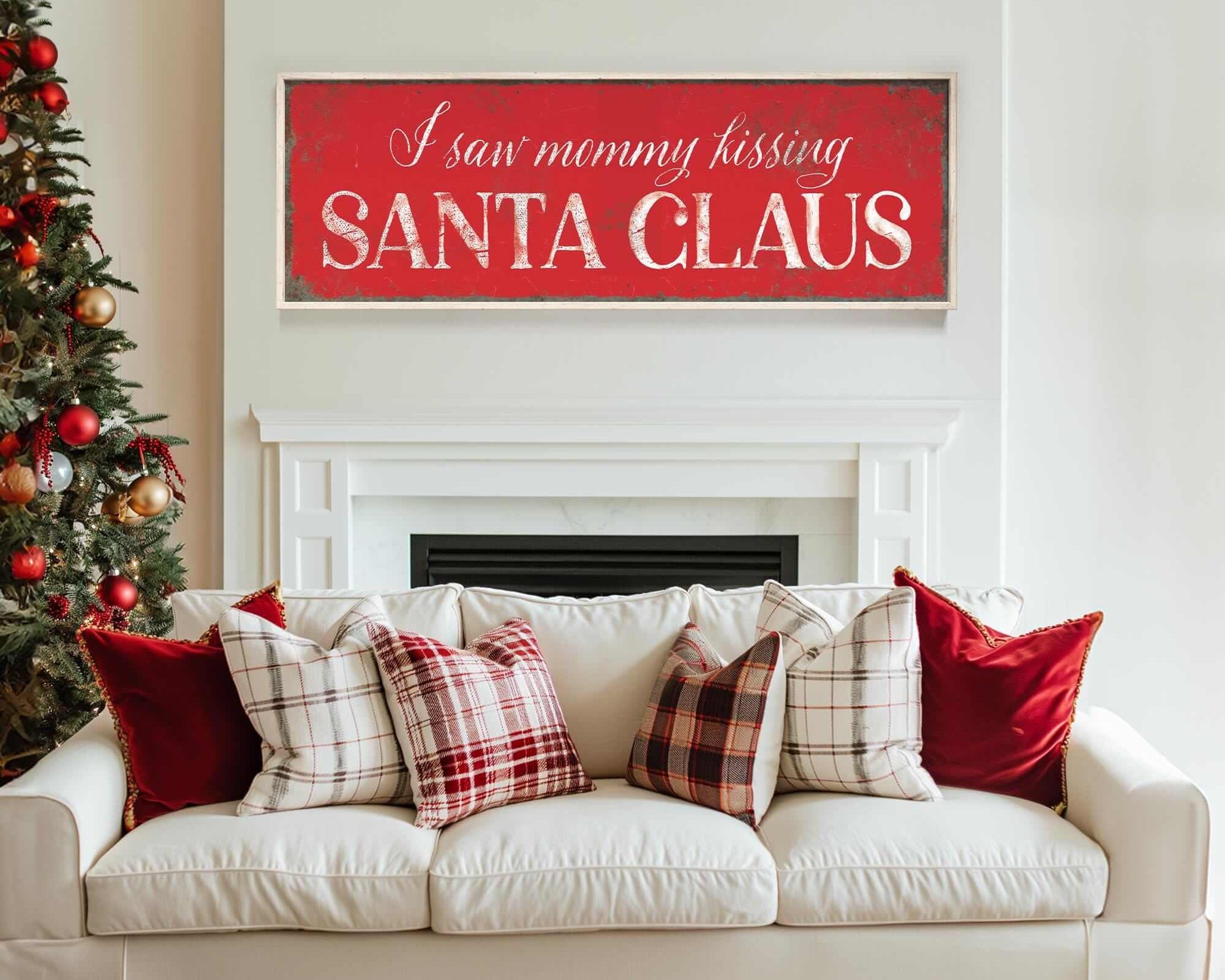 a living room with a fire place and a sign on the wall