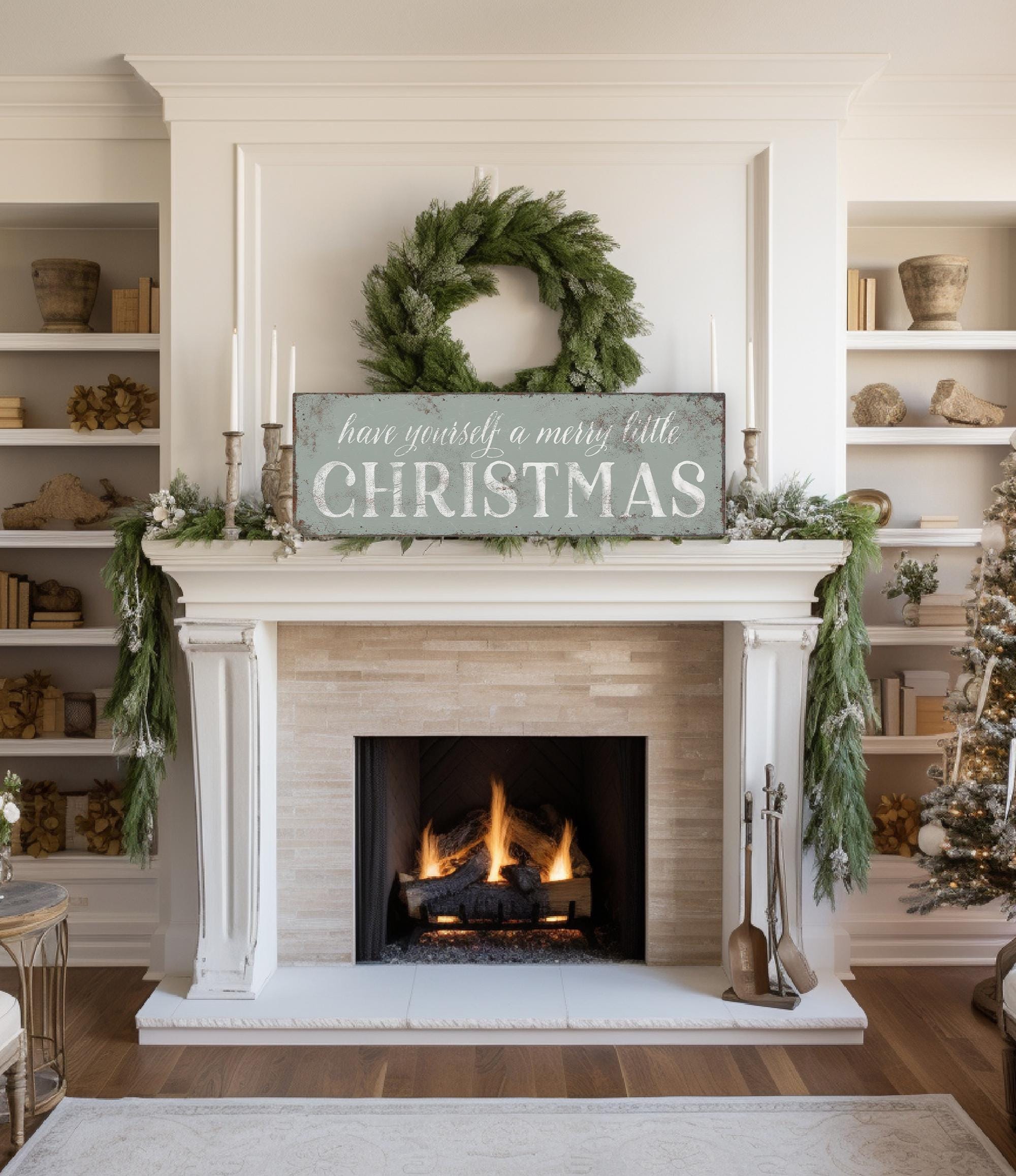 a fireplace with a christmas sign above it