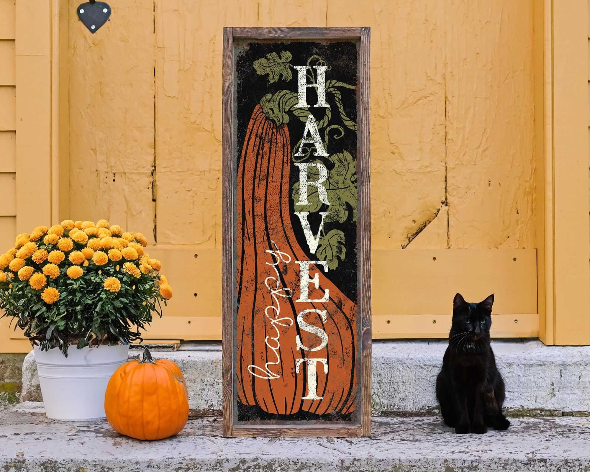 a black cat sitting in front of a sign