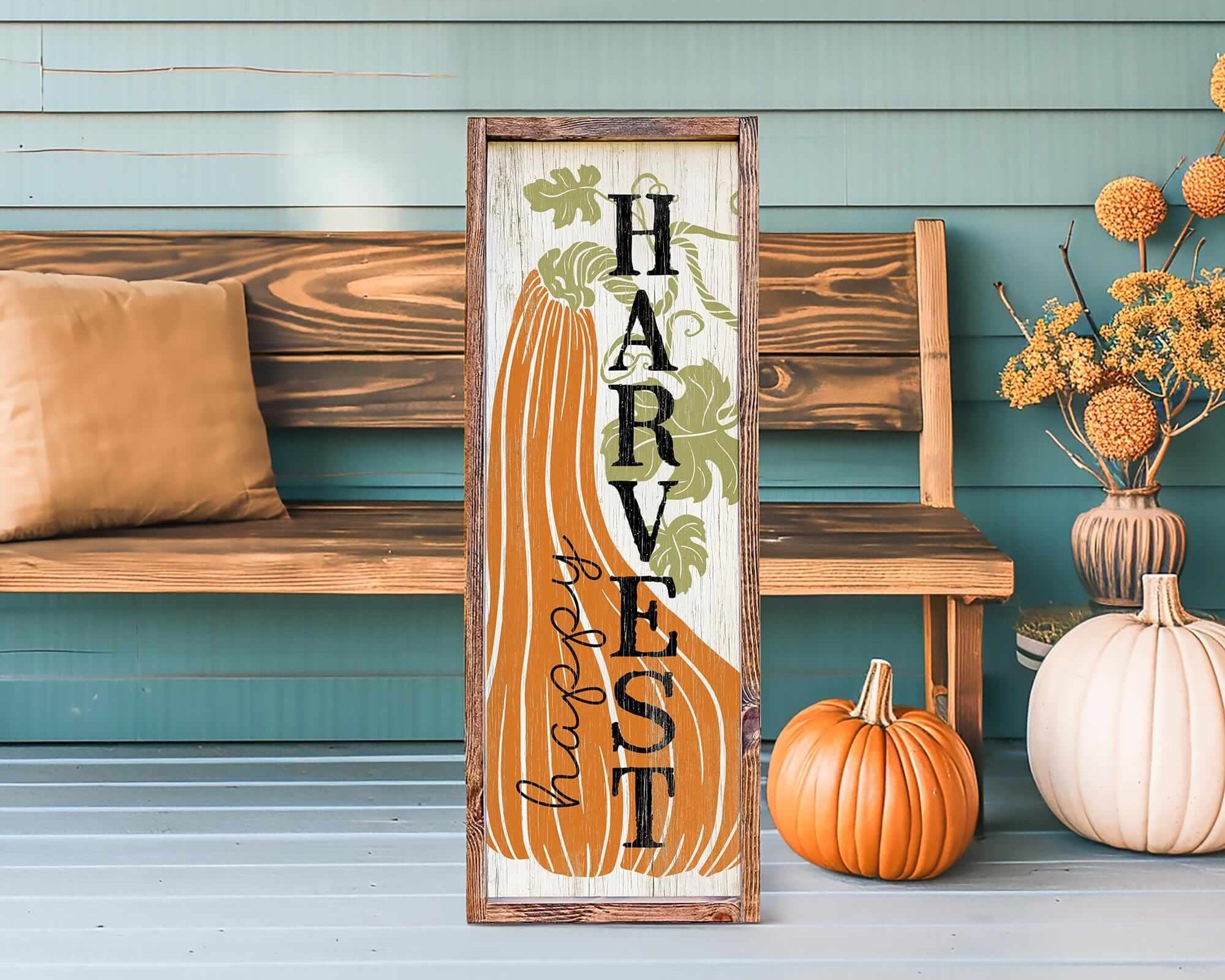 a wooden sign sitting on top of a wooden bench